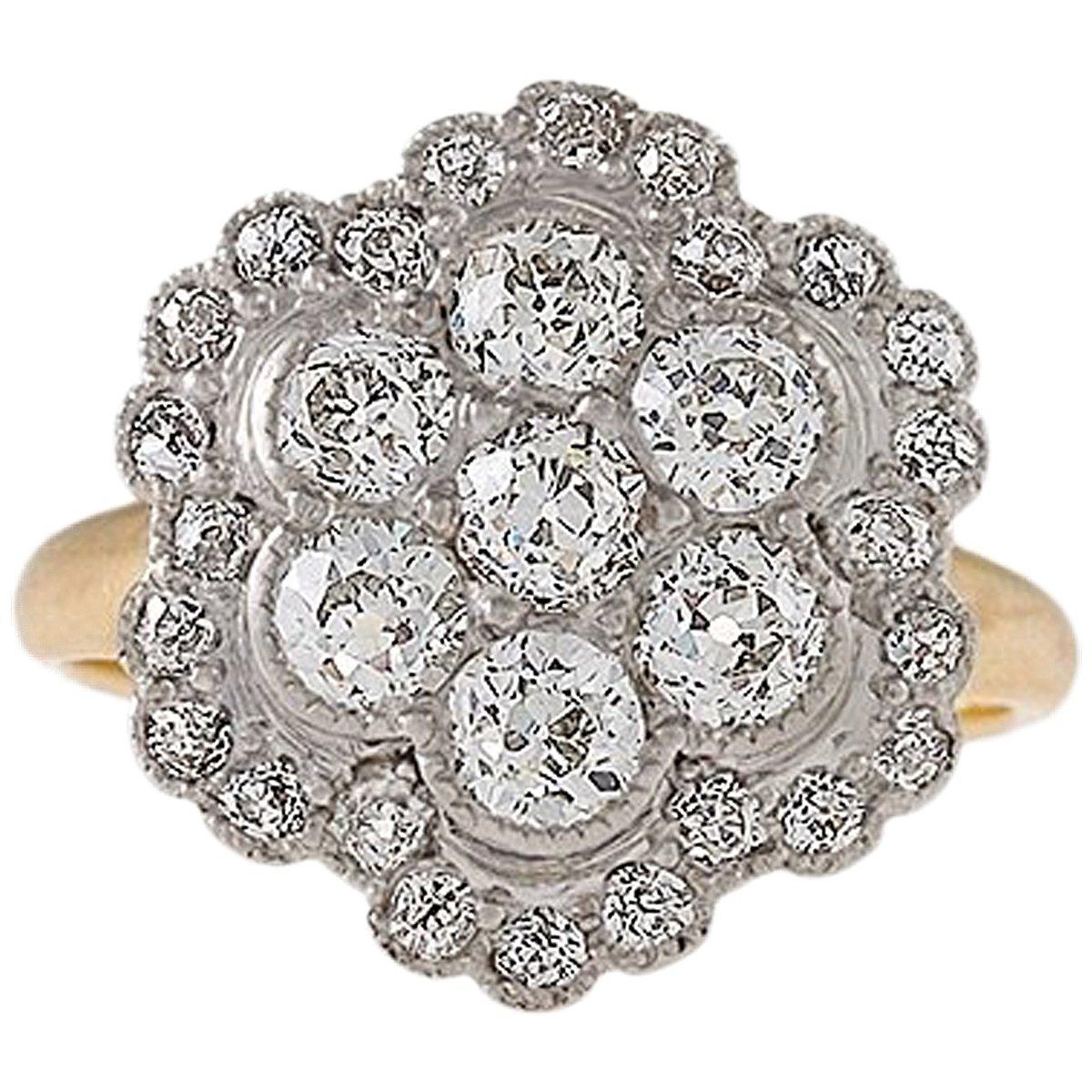Edwardian Diamond Platinum and Gold Cluster Ring