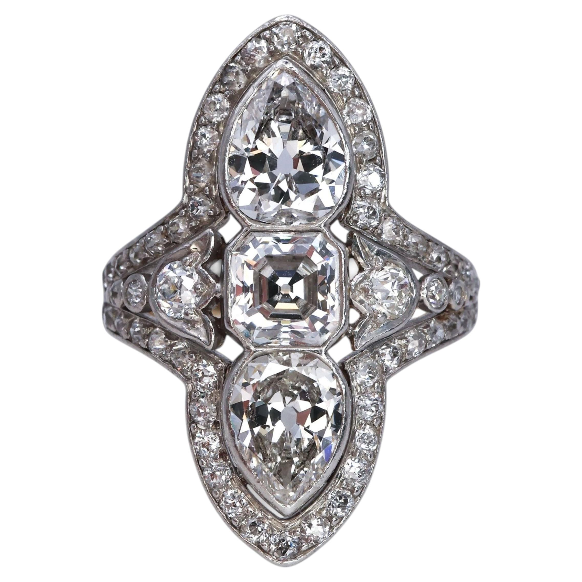 Edwardian Diamond, Platinum and Gold Three Stone Plaque Ring, Circa 1910 For Sale