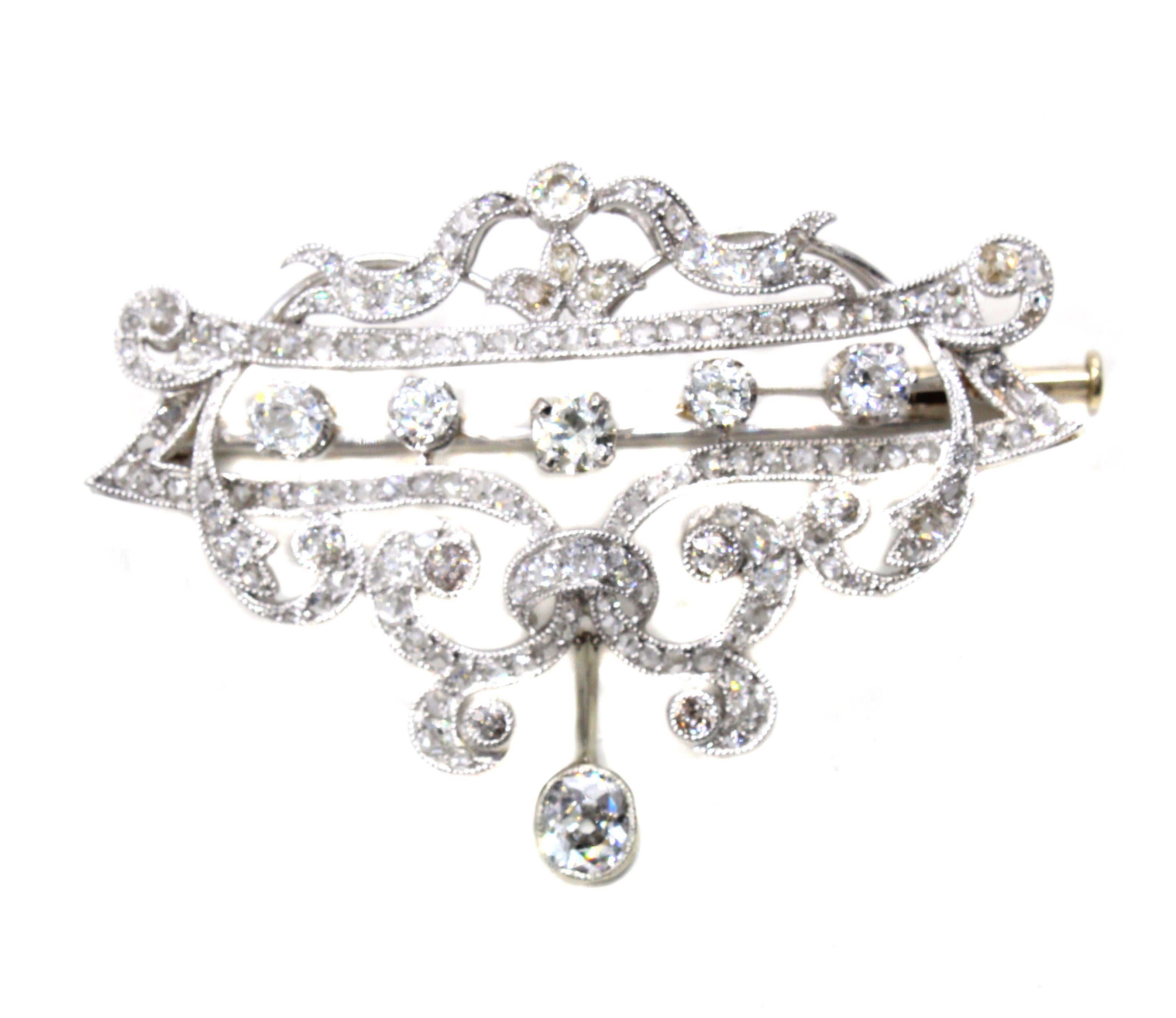 Women's or Men's Edwardian Diamond Platinum Brooch For Sale