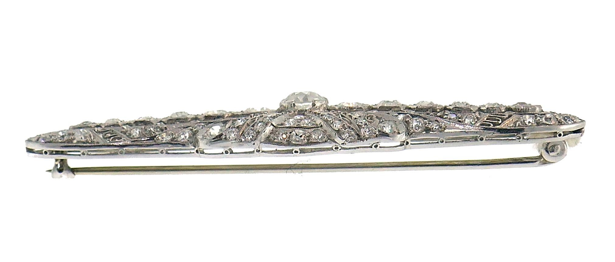 Old European Cut Edwardian Diamond Platinum Brooch Pin Clip, Art Deco Signed M. Bros.