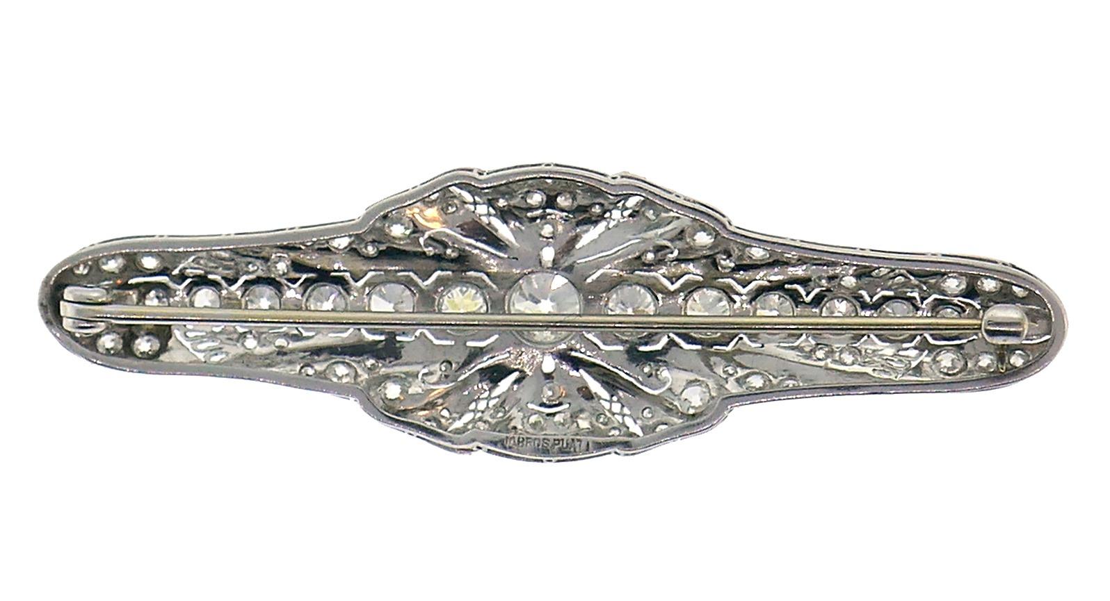 Edwardian Diamond Platinum Brooch Pin Clip, Art Deco Signed M. Bros. In Good Condition In Beverly Hills, CA