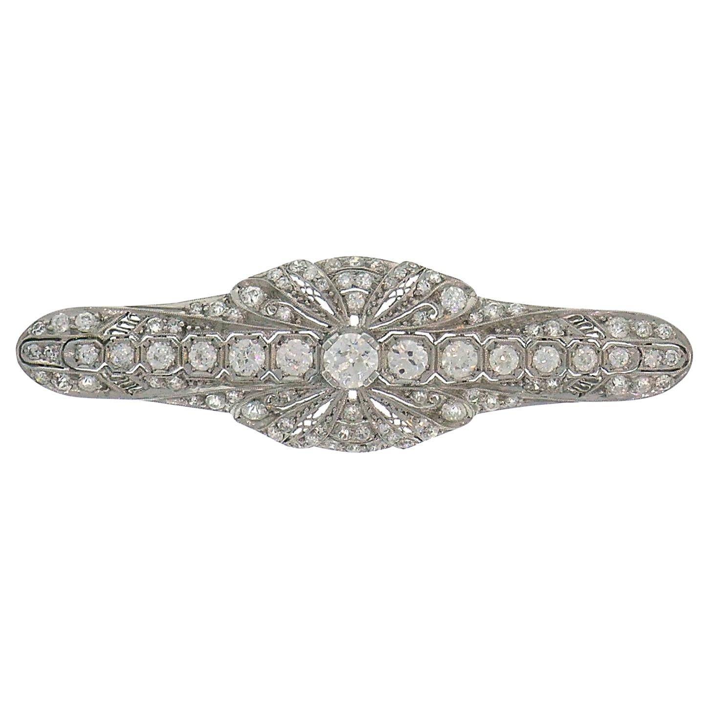 Edwardian Diamond Platinum Brooch Pin Clip, Art Deco Signed M. Bros.