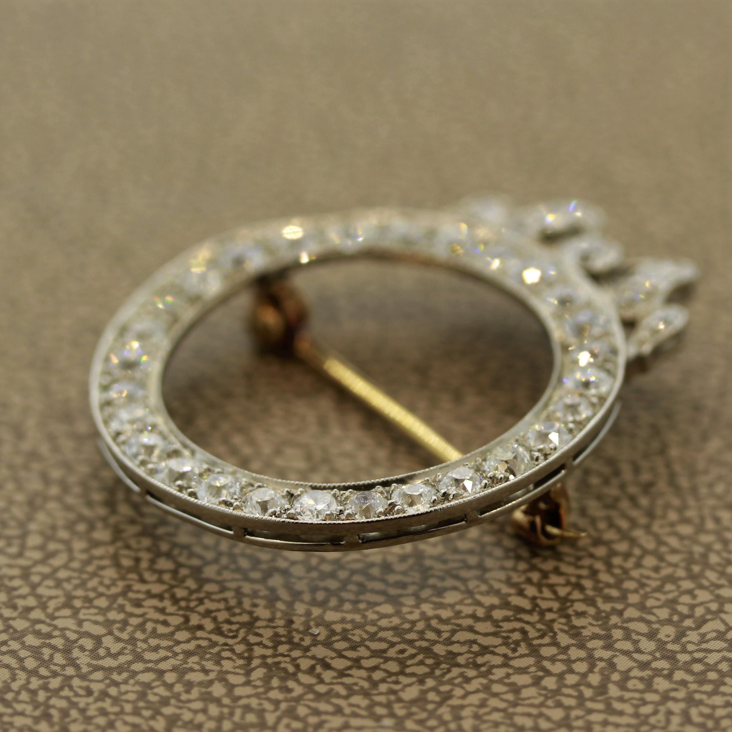 Round Cut Edwardian Diamond Platinum Circle Pin Brooch For Sale