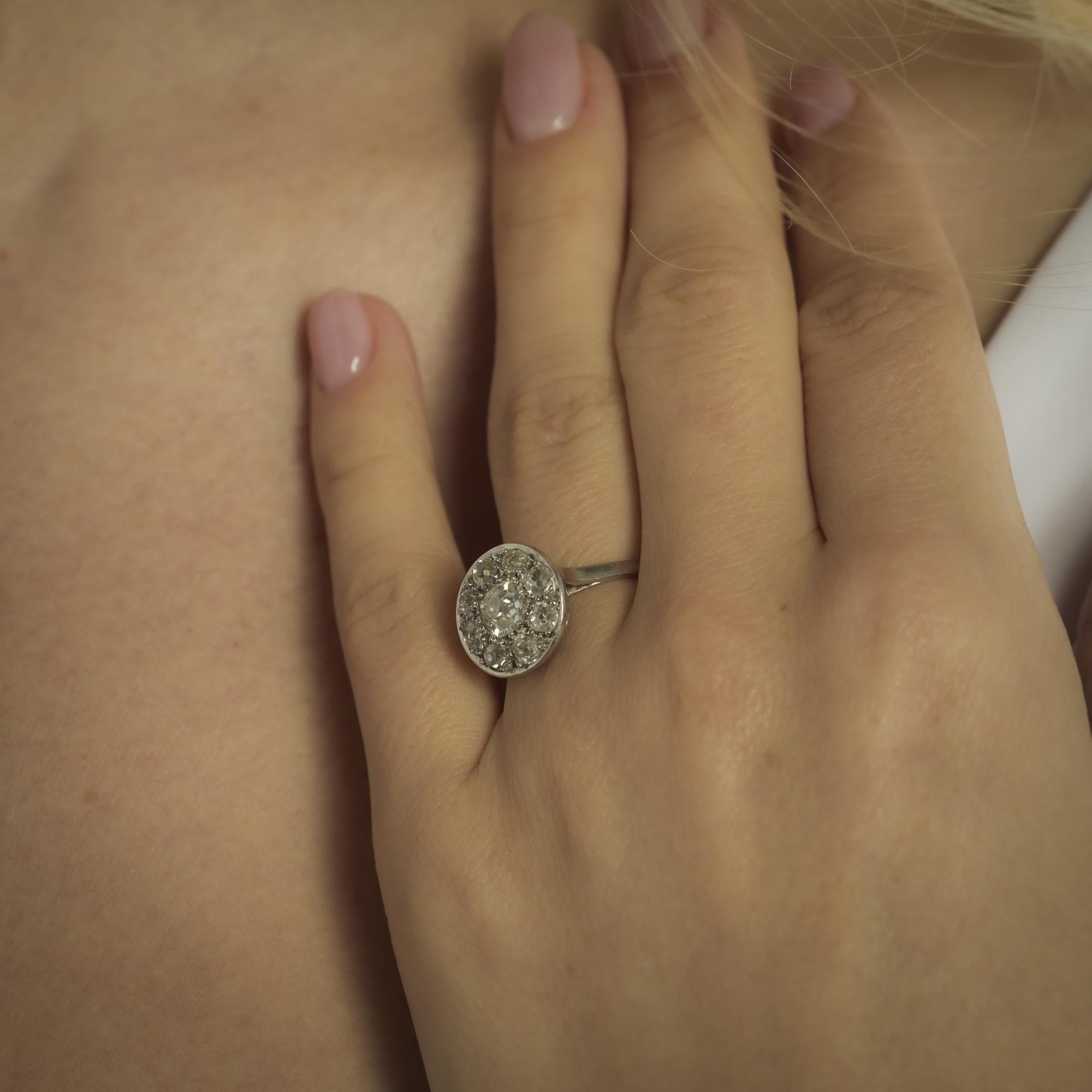 Edwardian diamond platinum cluster engagement ring For Sale 1