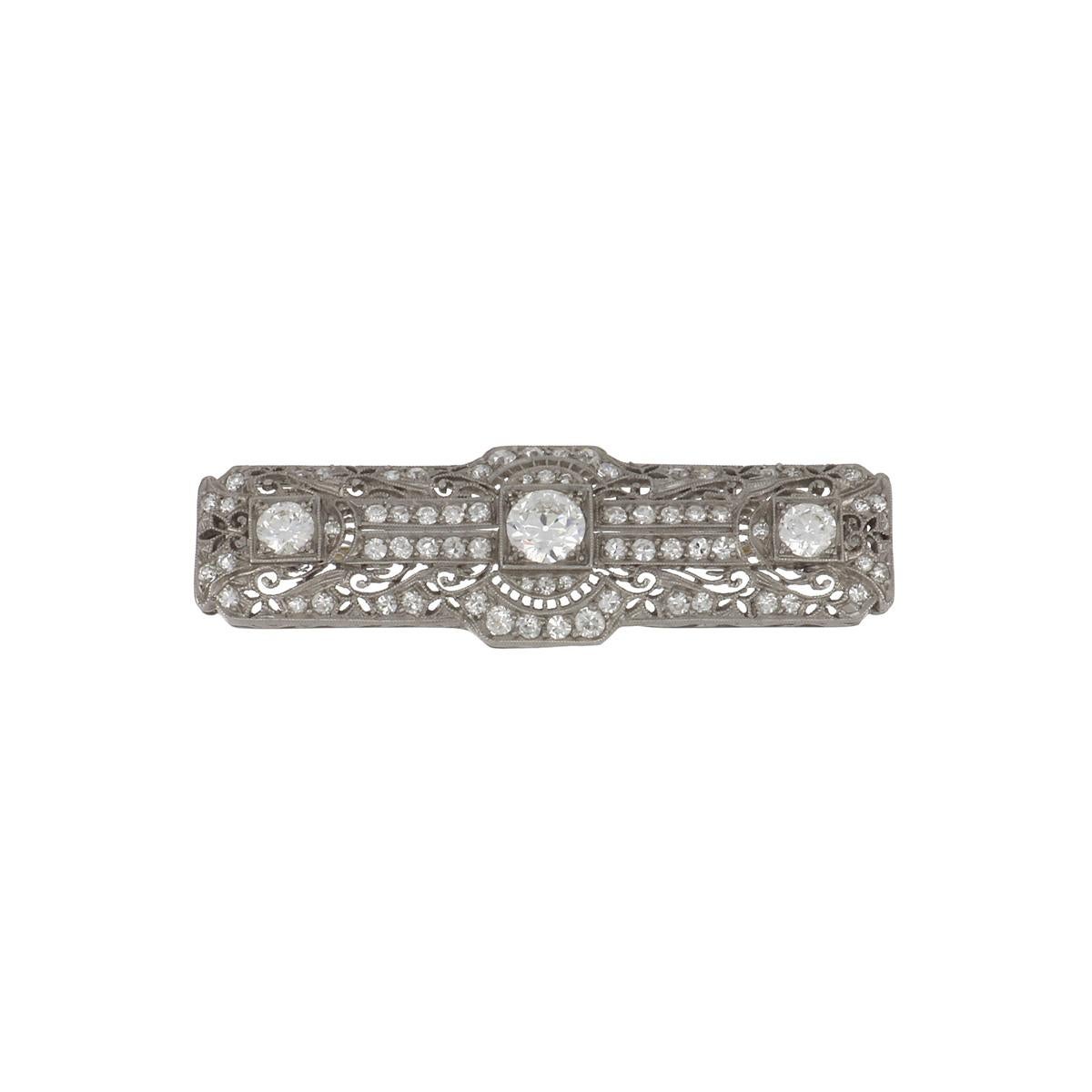 Mixed Cut Edwardian Diamond Filigree Rectangular Bar Pin in Platinum For Sale