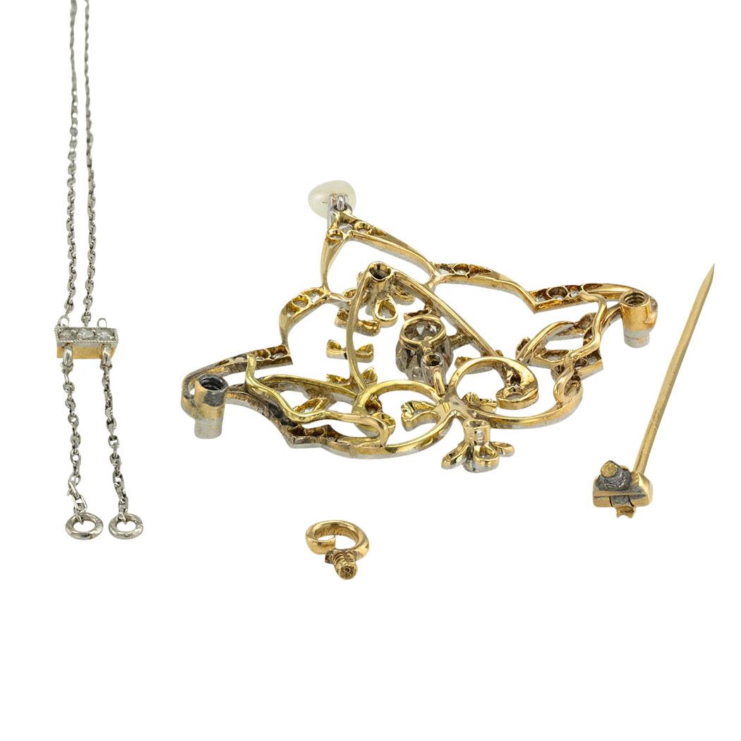 Women's Edwardian Diamond Platinum Gold Brooch Necklace