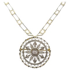 Edwardian Diamond Platinum Gold Pendant Pin Necklace Brooch Seed Pearl