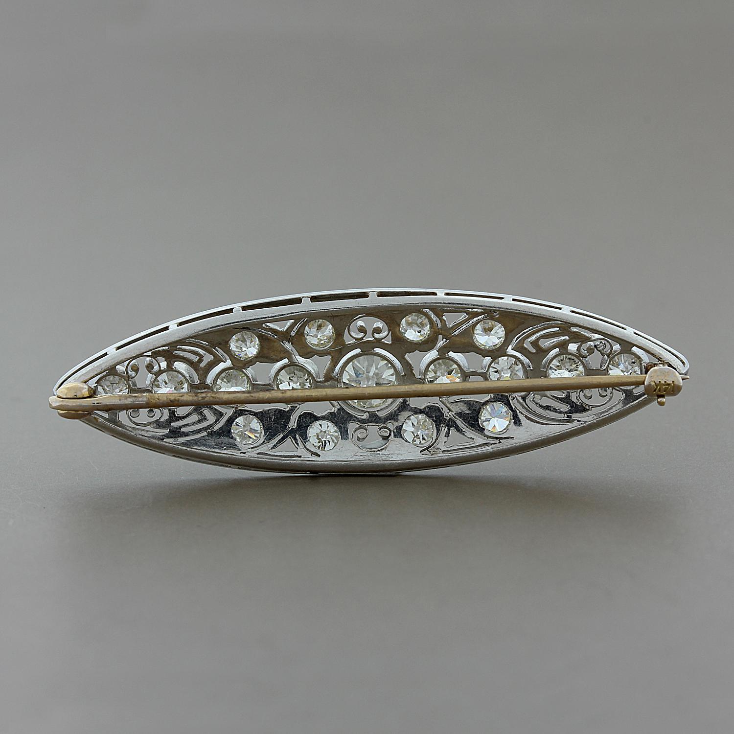 Women's or Men's Edwardian Diamond Platinum Navette Brooch For Sale