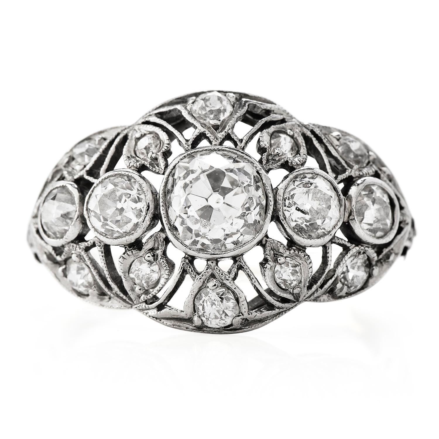 Art Deco Edwardian Diamond Platinum Old European Cut Engagement Ring For Sale