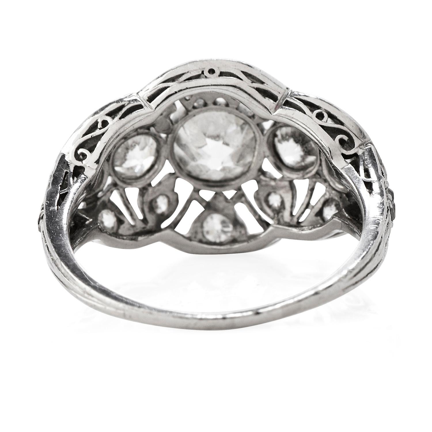 Women's or Men's Edwardian Diamond Platinum Old European Cut Engagement Ring For Sale