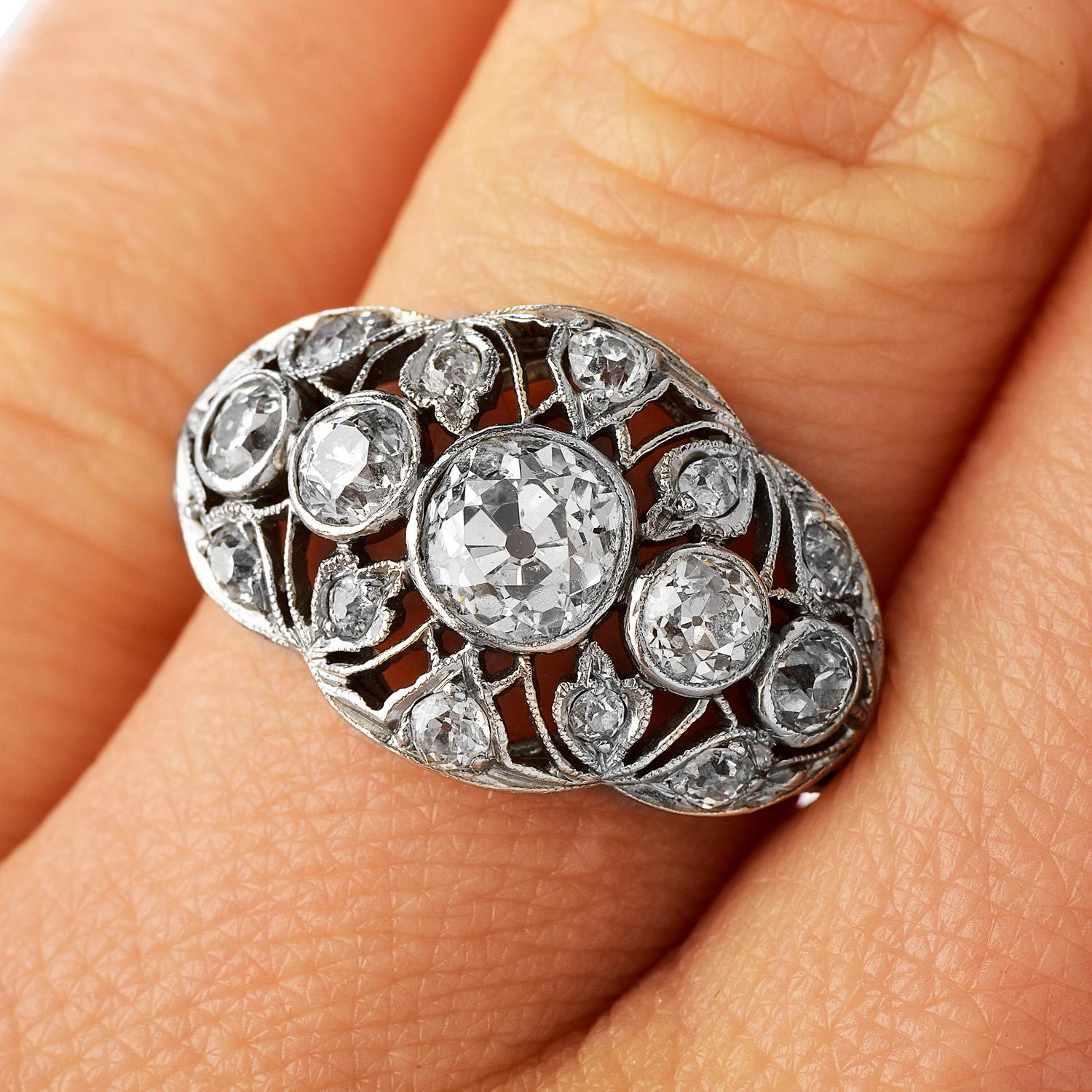 Edwardian Diamond Platinum Old European Cut Engagement Ring For Sale 1