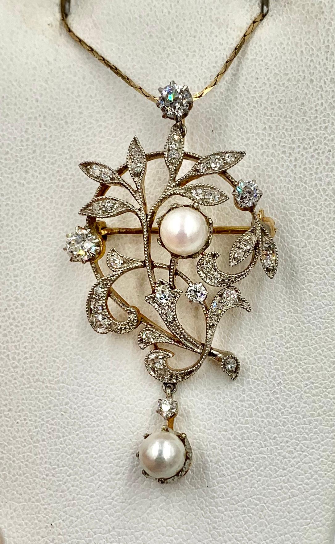 Old Mine Cut Edwardian Diamond Platinum Pearl Pendant Necklace Flower Leaf Motif Victorian
