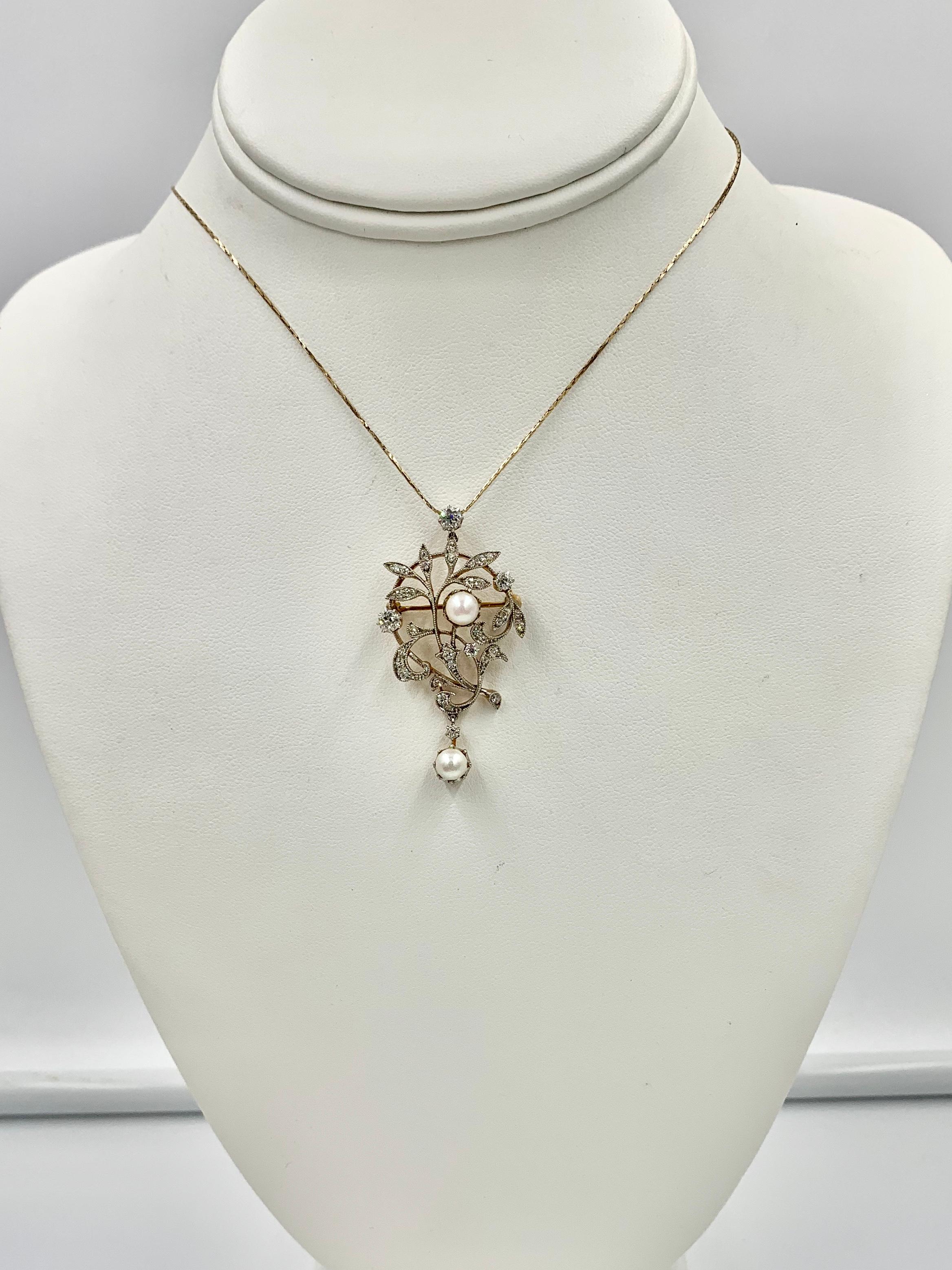 Edwardian Diamond Platinum Pearl Pendant Necklace Flower Leaf Motif Victorian In Good Condition In New York, NY