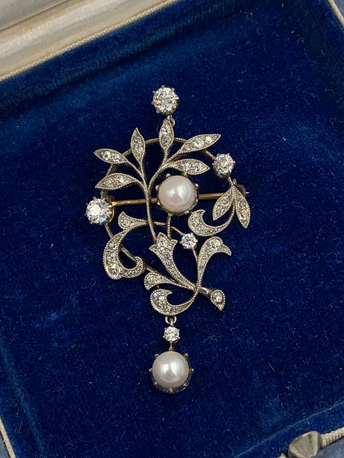 Women's Edwardian Diamond Platinum Pearl Pendant Necklace Flower Leaf Motif Victorian