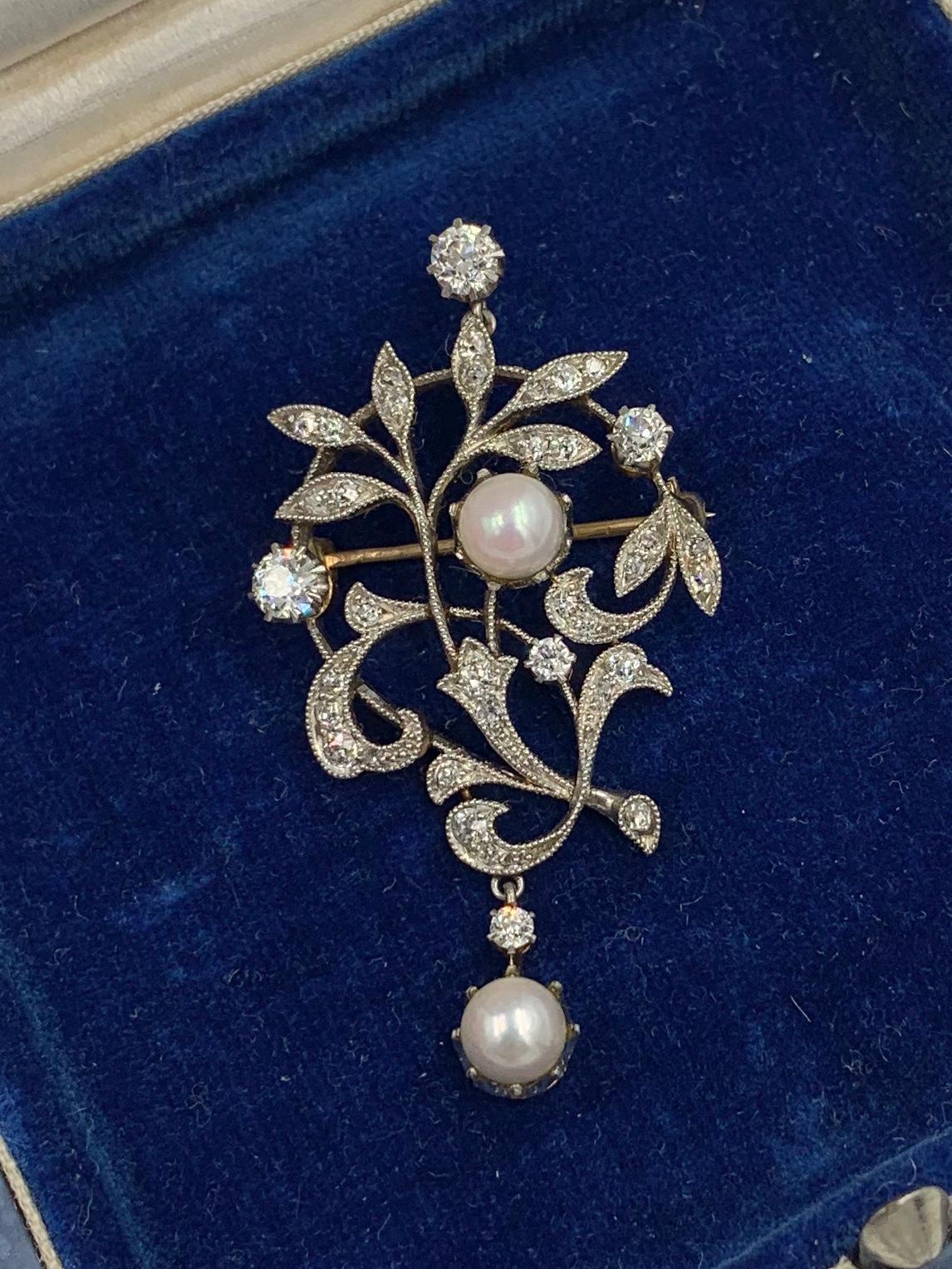Edwardian Diamond Platinum Pearl Pendant Necklace Flower Leaf Motif Victorian 1