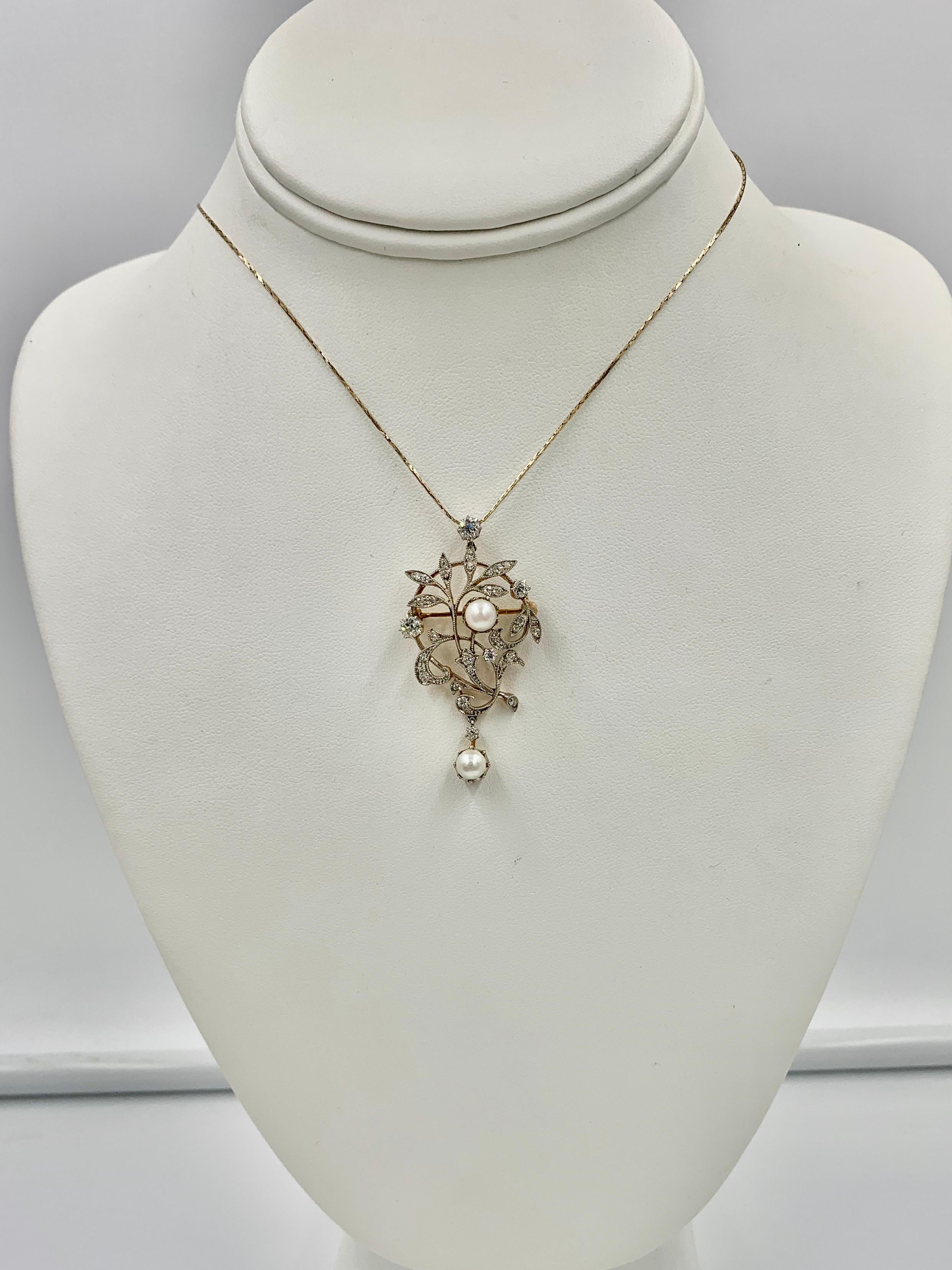 Edwardian Diamond Platinum Pearl Pendant Necklace Flower Leaf Motif Victorian 3