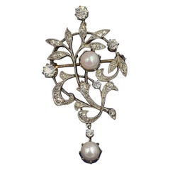 Collier pendentif édouardien en platine avec diamants et perles à motif de feuilles de fleurs, style victorien