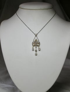 Edwardian Diamond Platinum Pearl Pendant Necklace Victorian, circa 1900