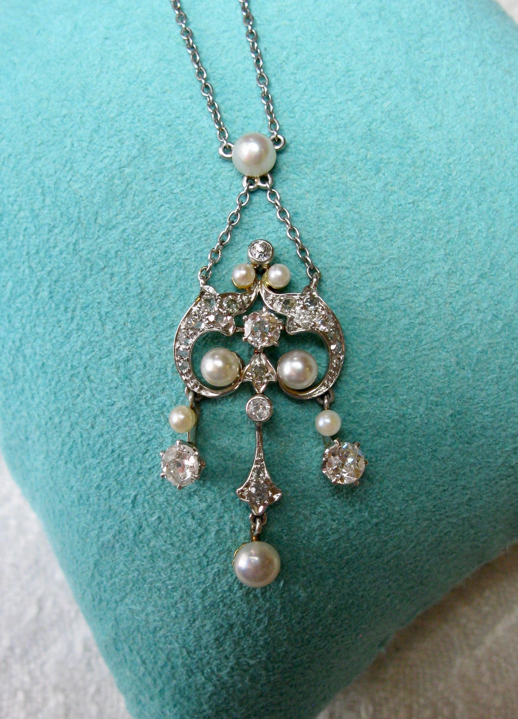 Old European Cut Edwardian Diamond Platinum Pearl Pendant Necklace Victorian, circa 1900 For Sale