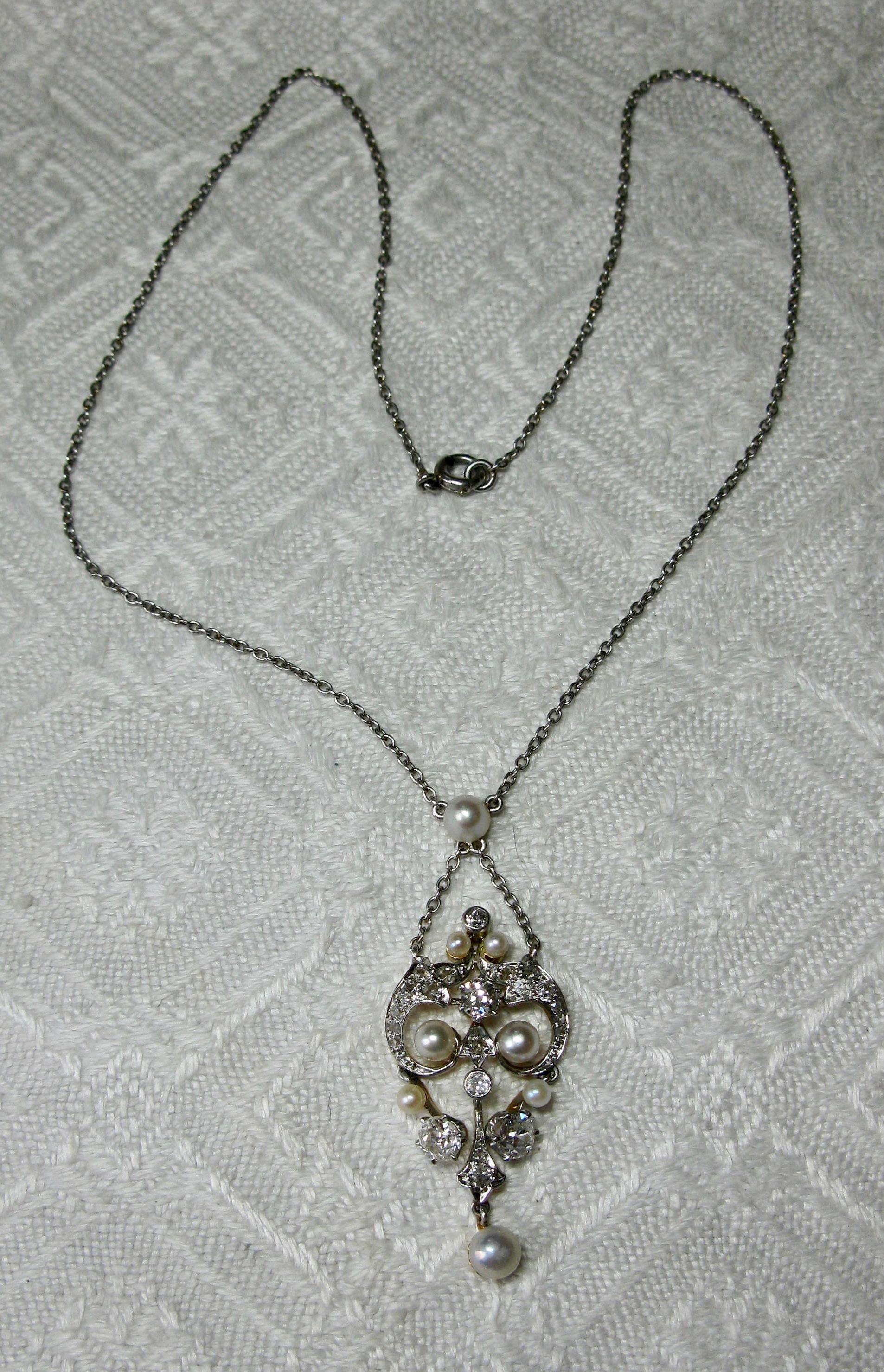 Viktorianische Diamant-Platin-Perlen-Anhänger-Halskette im viktorianischen Stil, um 1900 (Alteuropäischer Schliff) im Angebot