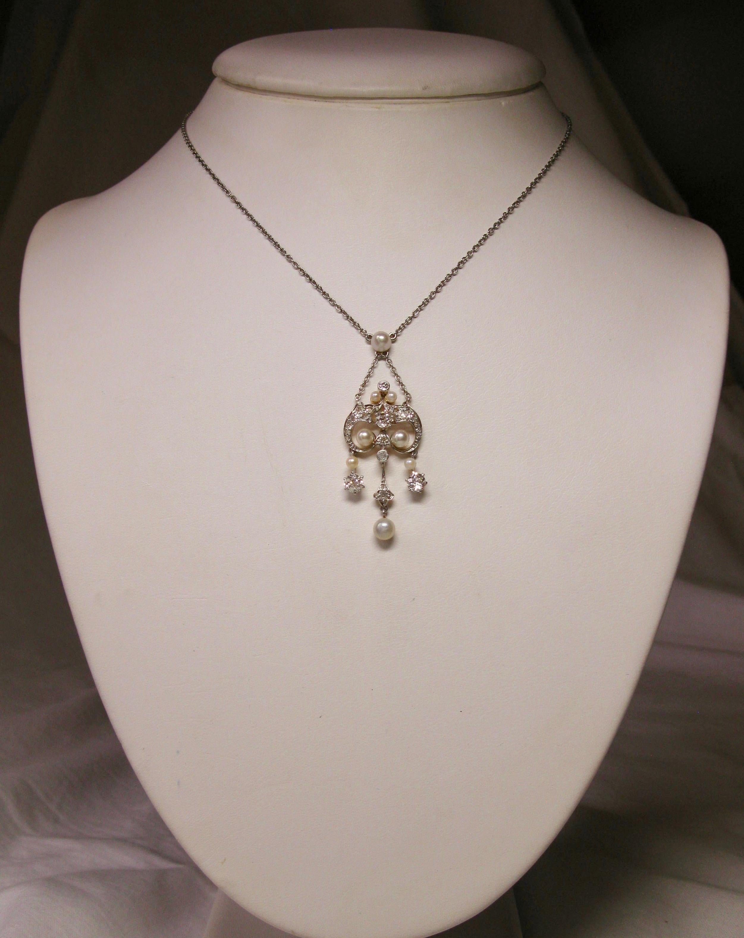 Old European Cut Edwardian Diamond Platinum Pearl Pendant Necklace Victorian, circa 1900 For Sale