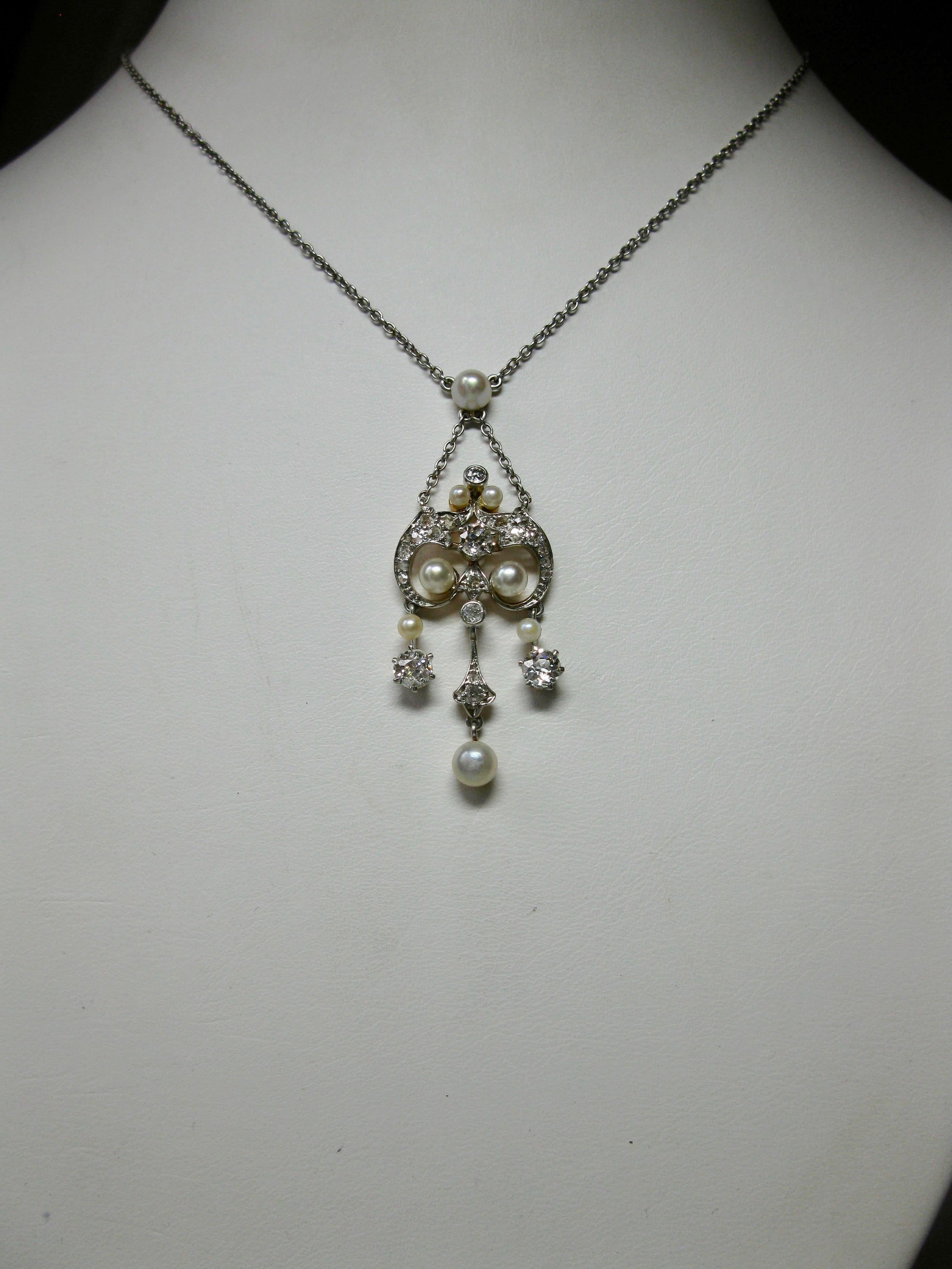 Edwardian Diamond Platinum Pearl Pendant Necklace Victorian, circa 1900 For Sale 1