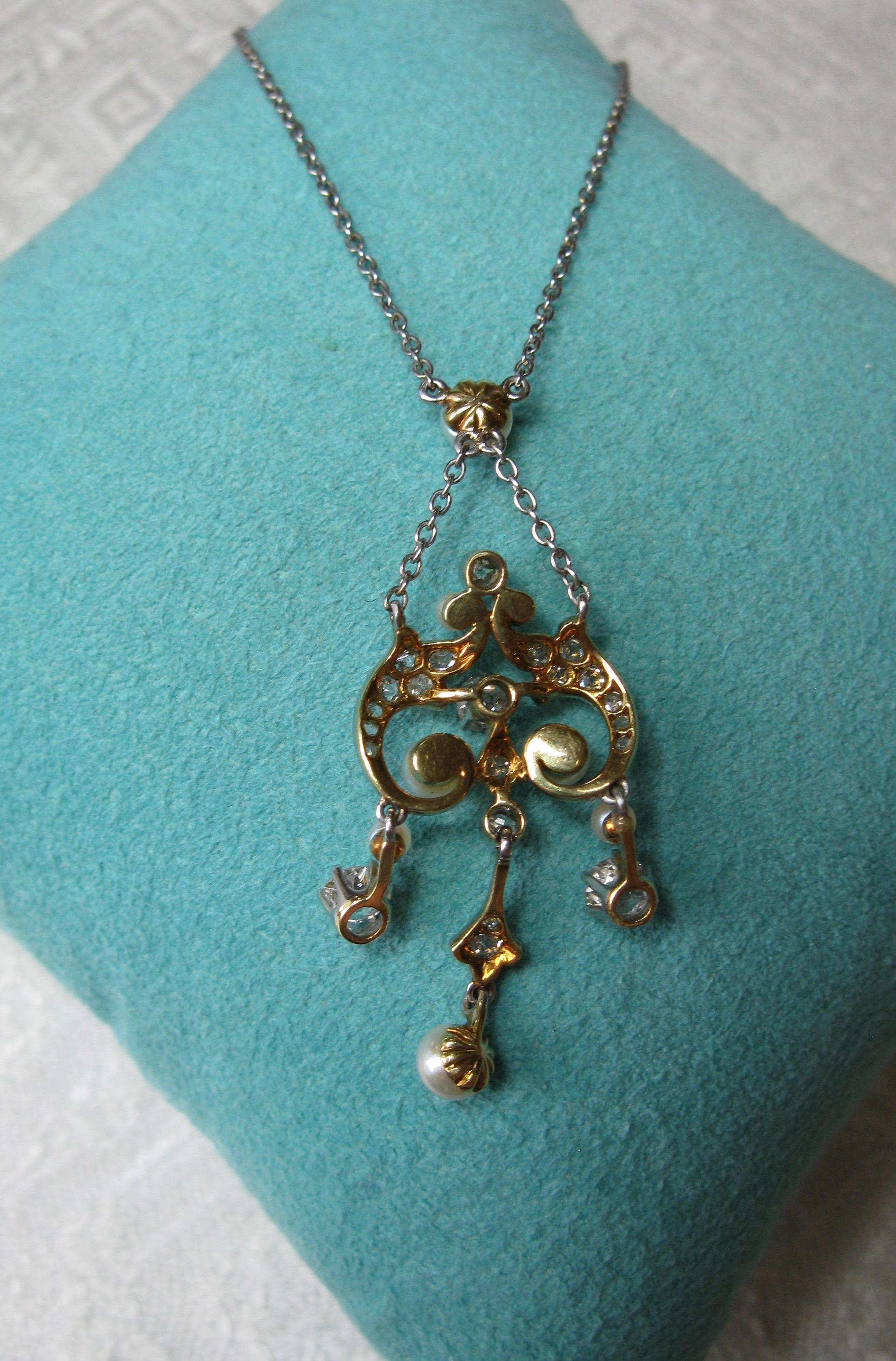 Women's Edwardian Diamond Platinum Pearl Pendant Necklace Victorian, circa 1900 For Sale