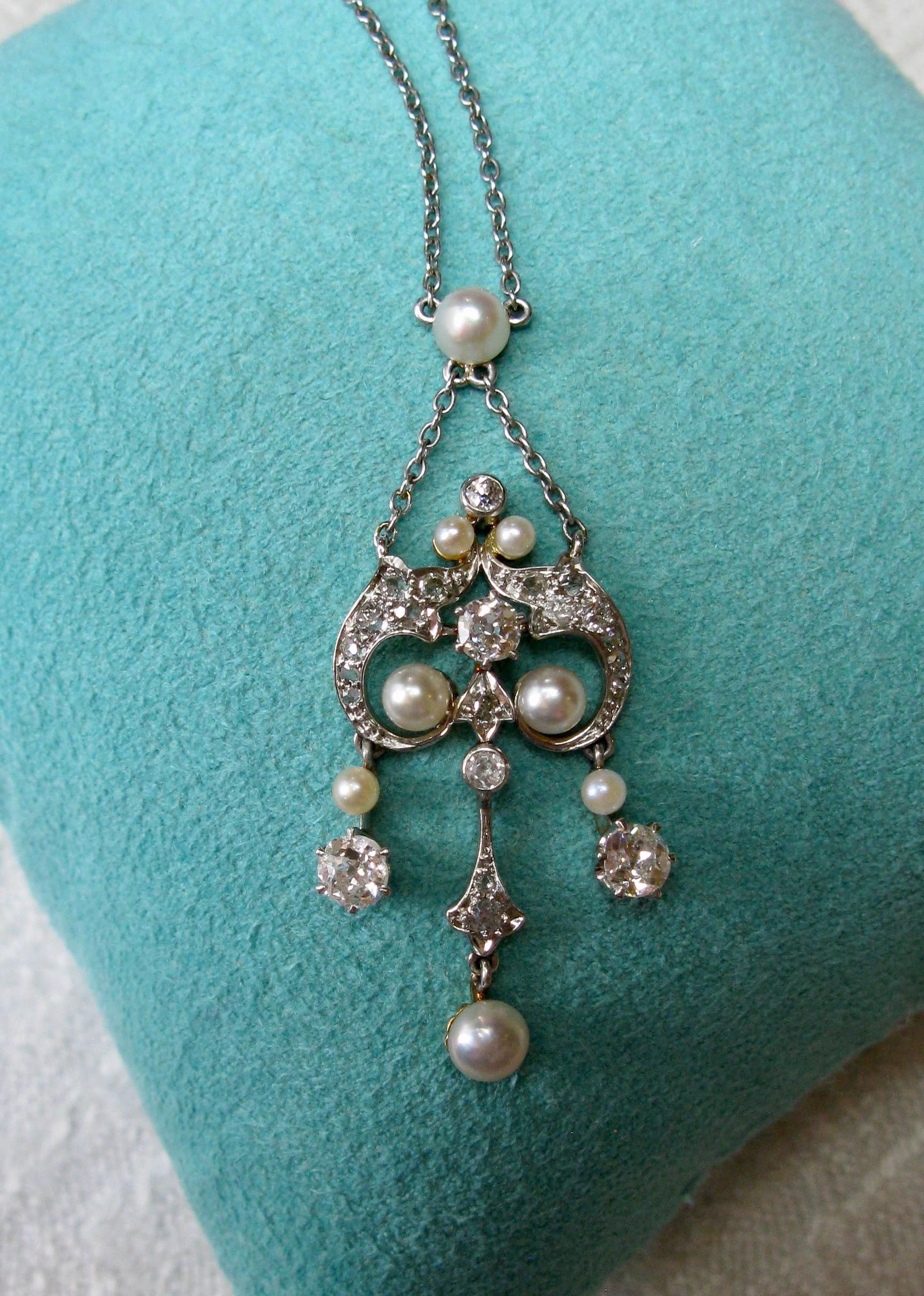 Viktorianische Diamant-Platin-Perlen-Anhänger-Halskette im viktorianischen Stil, um 1900 im Angebot 2