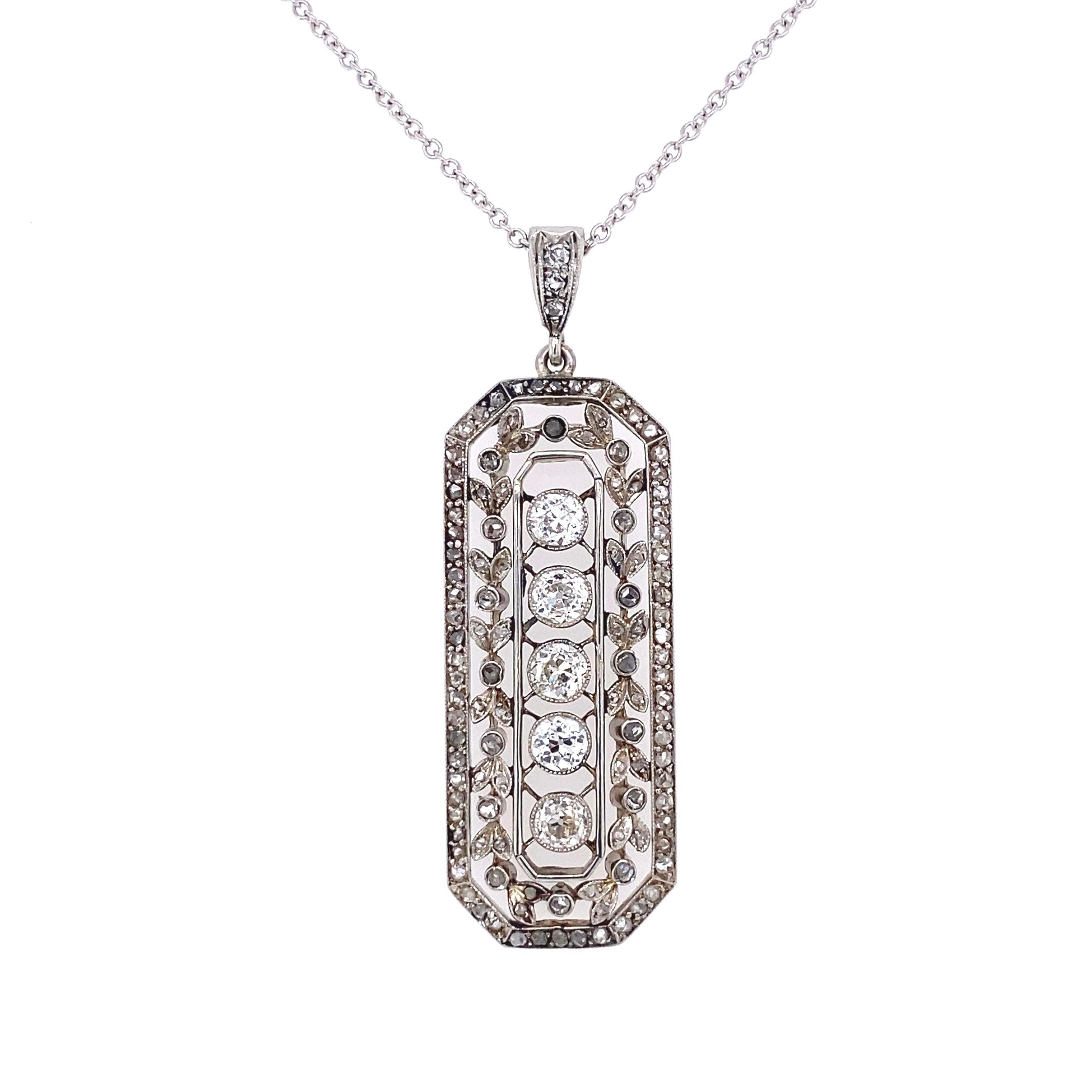 Round Cut Edwardian Diamond Platinum Pendant Necklace Estate Fine Jewelry For Sale