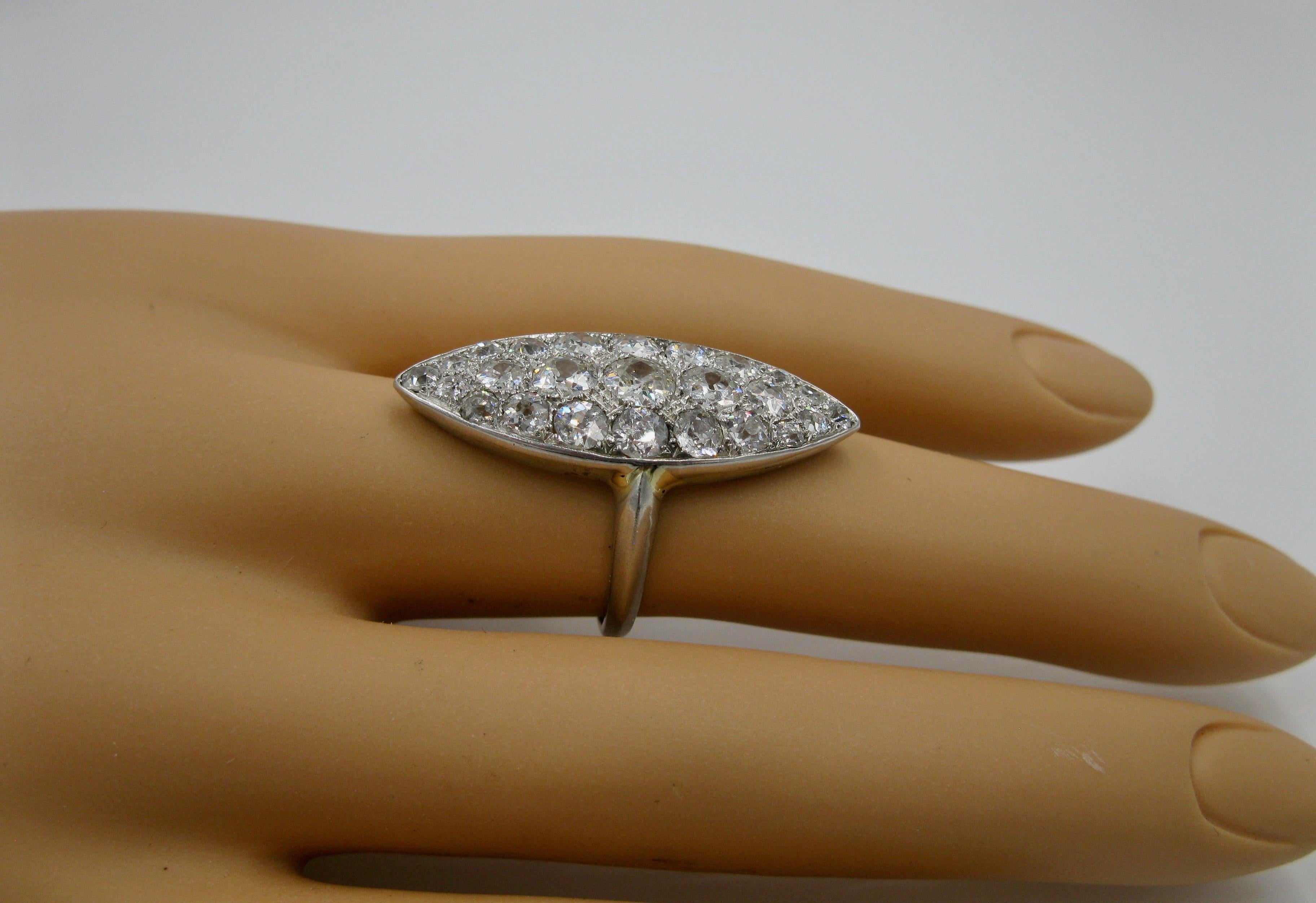 Edwardian Diamond Platinum Ring 3.5 Carat Navette Wedding Engagement Cocktail For Sale 3