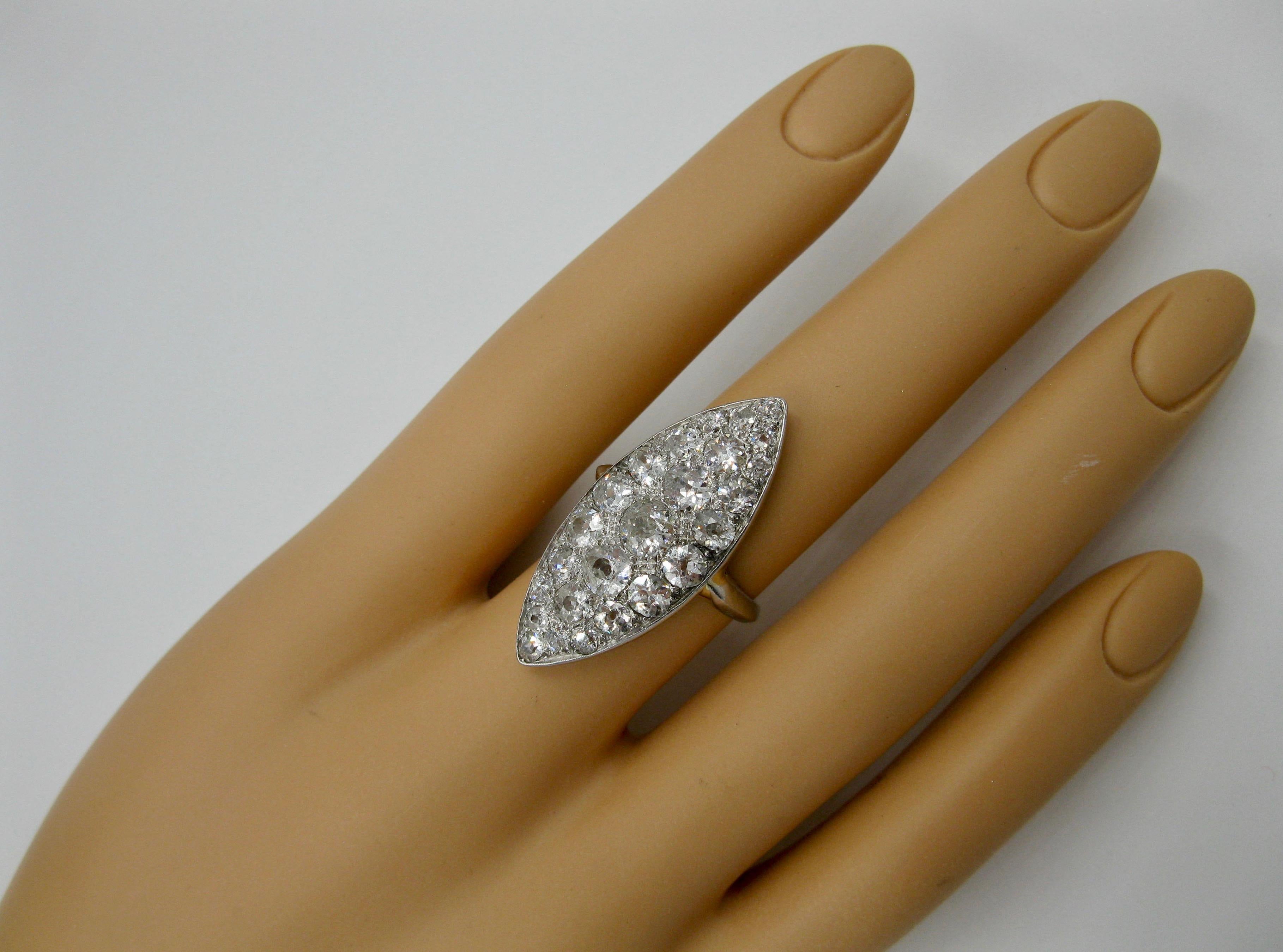 Edwardian Diamond Platinum Ring 3.5 Carat Navette Wedding Engagement Cocktail For Sale 4