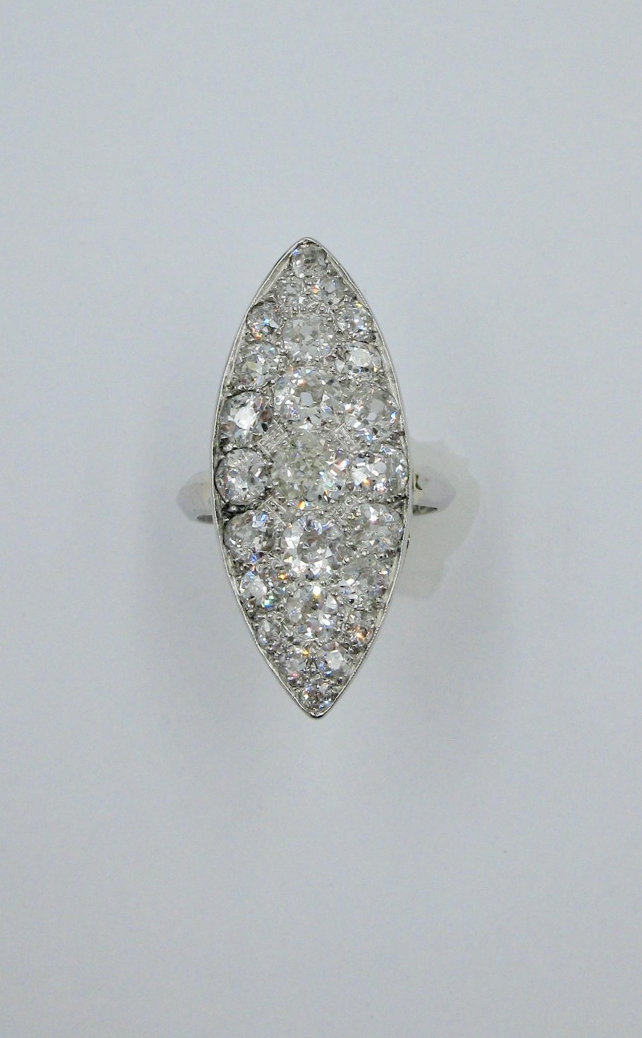 Old European Cut Edwardian Diamond Platinum Ring 3.5 Carat Navette Wedding Engagement Cocktail For Sale