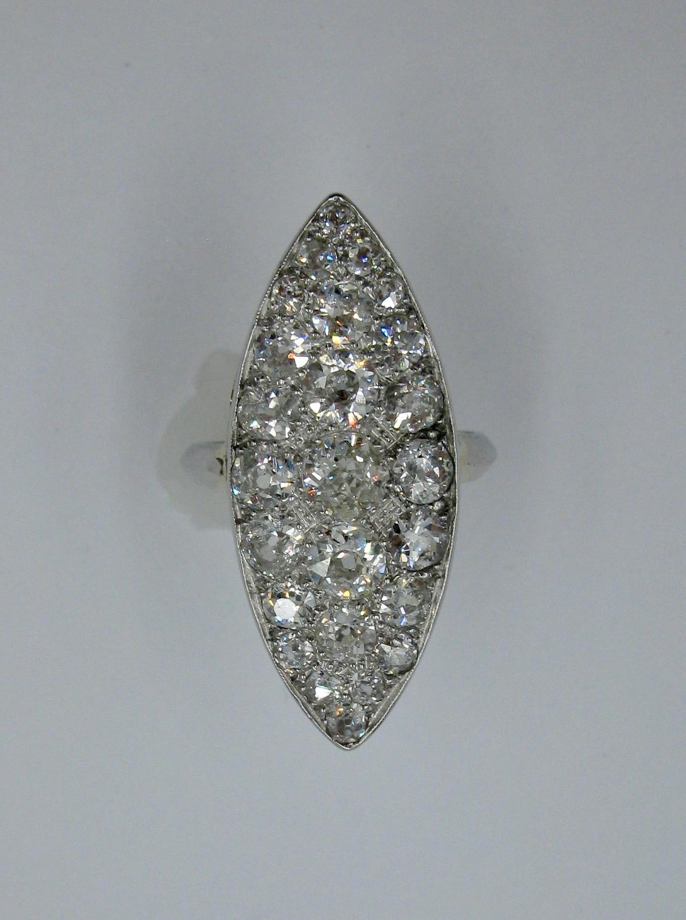 Edwardian Diamond Platinum Ring 3.5 Carat Navette Wedding Engagement Cocktail In Excellent Condition For Sale In New York, NY