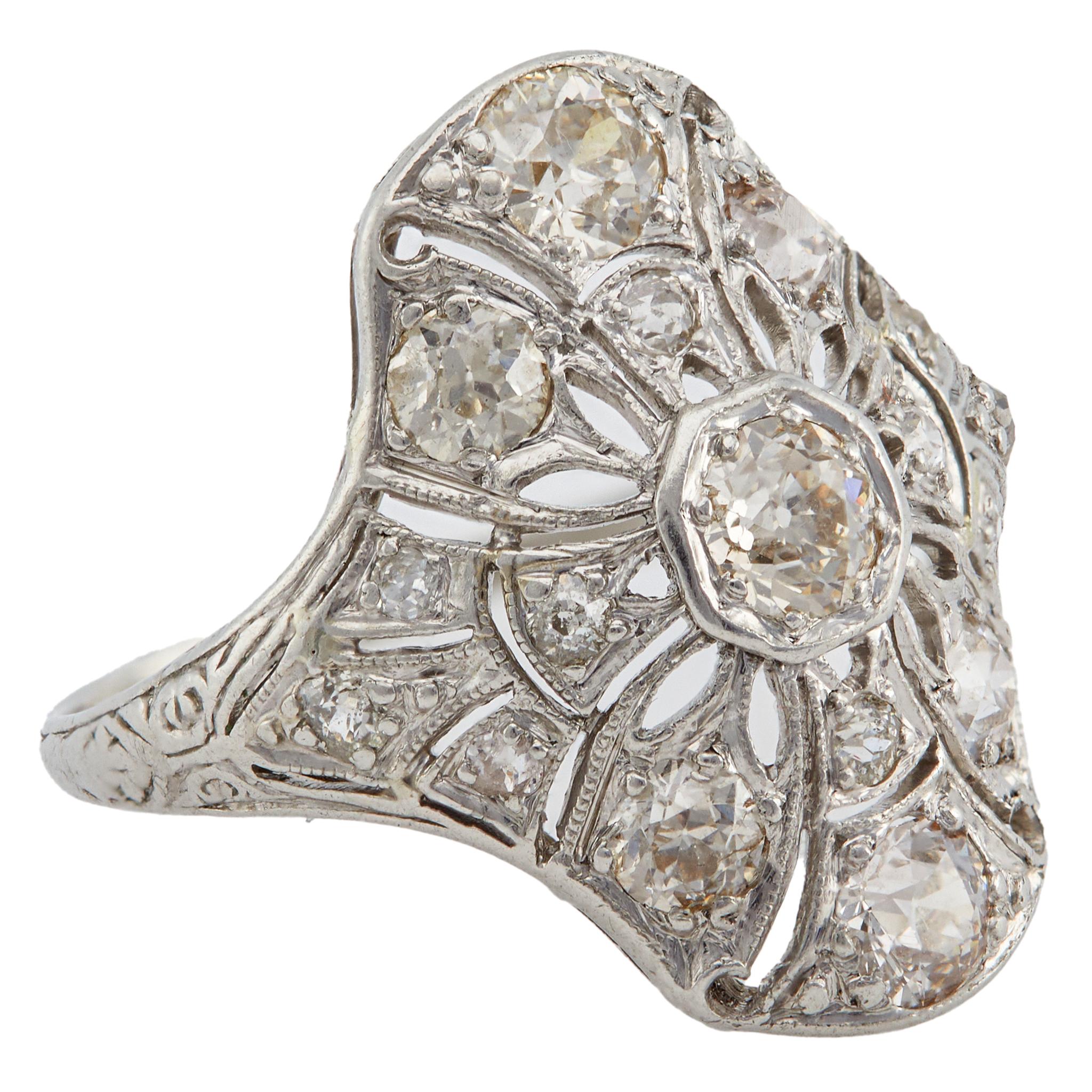 Women's or Men's Edwardian Diamond Platinum Shield Ring