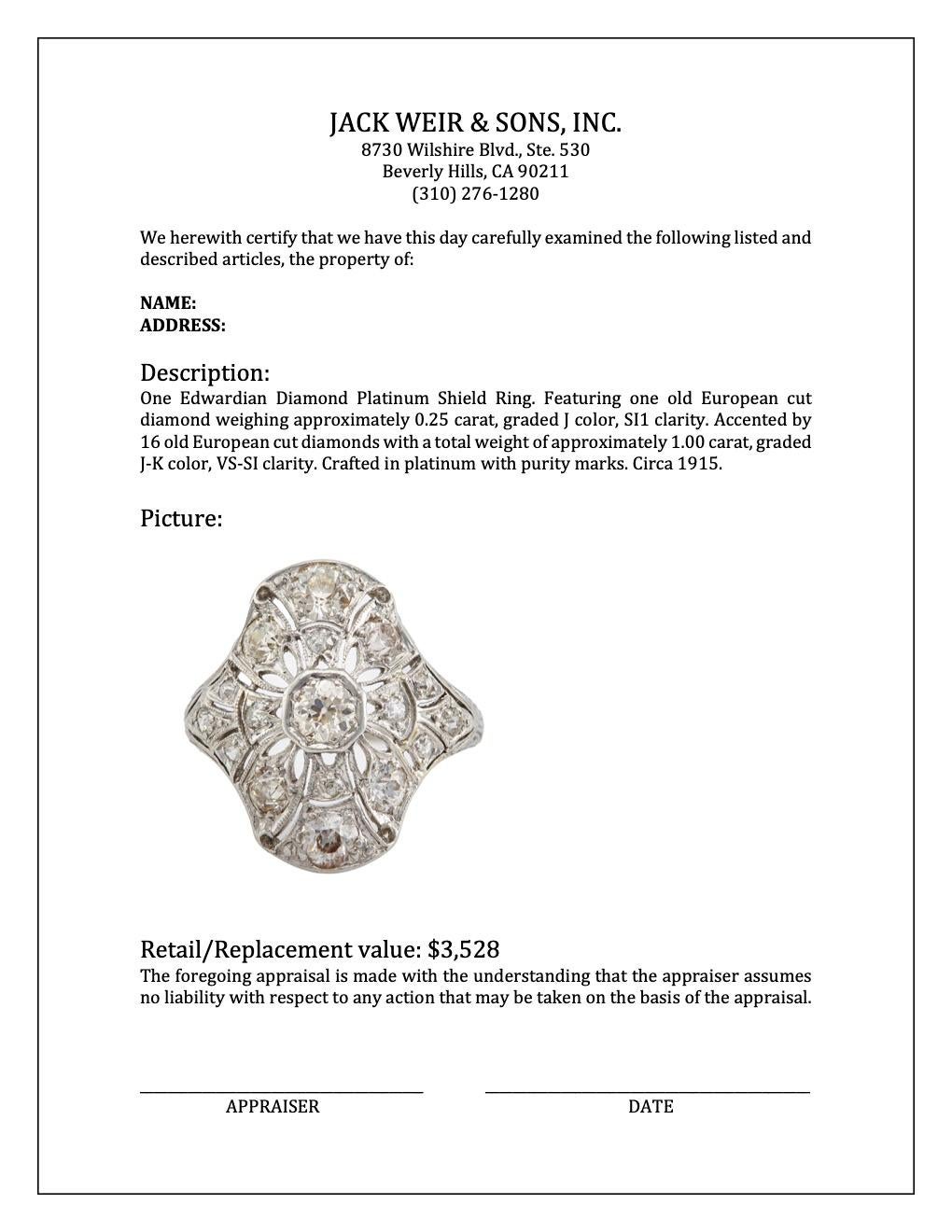 Edwardian Diamond Platinum Shield Ring 1