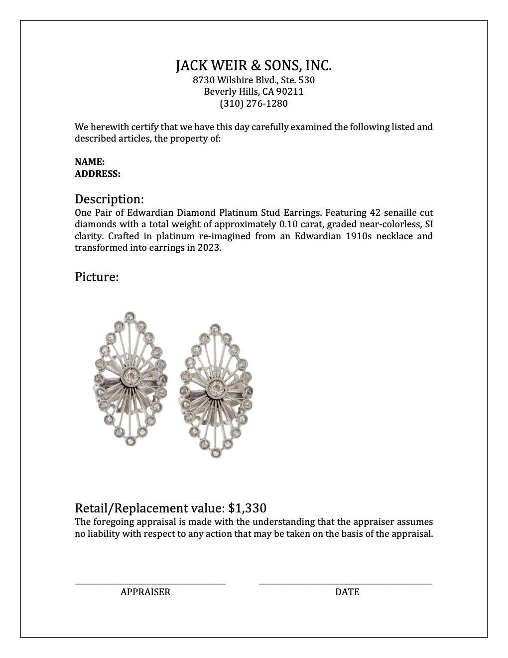 Edwardian Diamond Platinum Stud Earrings 1