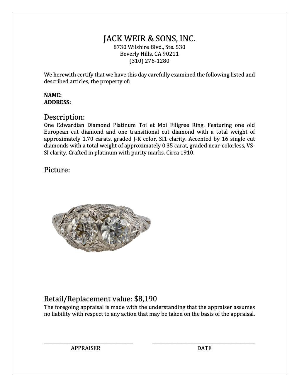 Old European Cut Edwardian Diamond Platinum Toi et Moi Filigree Ring