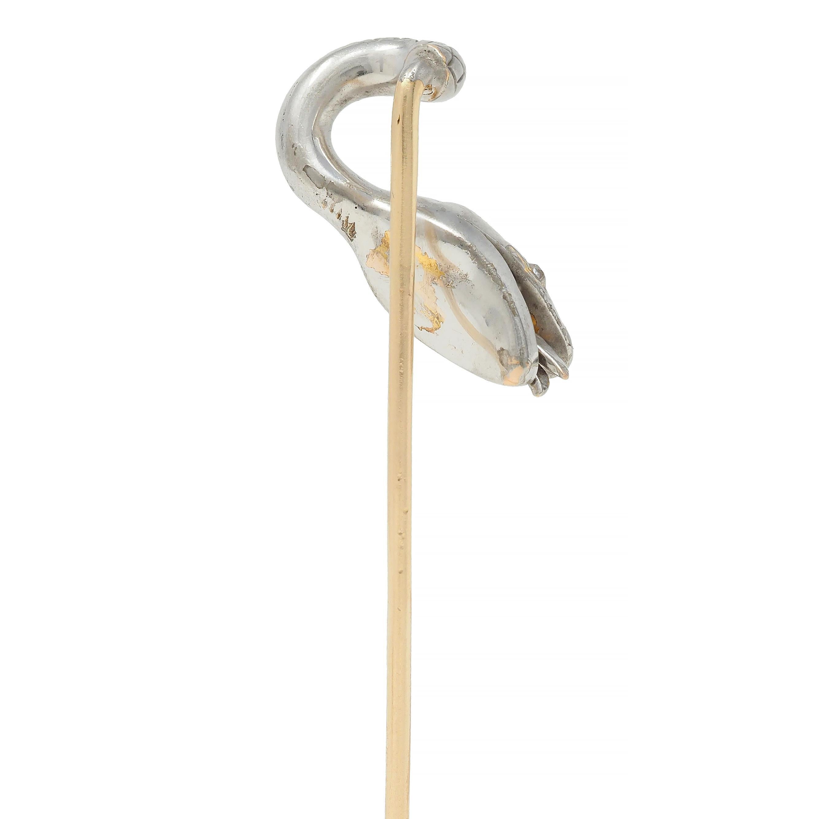 Edwardian Diamond Platinum-Topped 14 Karat Gold Antique Snake Stickpin In Excellent Condition For Sale In Philadelphia, PA