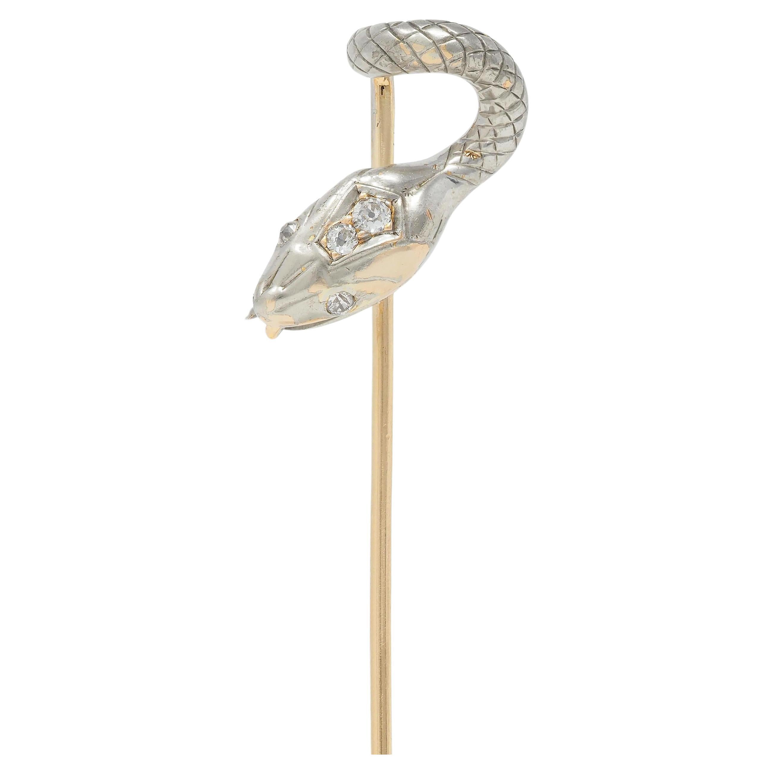 Edwardian Diamond Platinum-Topped 14 Karat Gold Antique Snake Stickpin For Sale