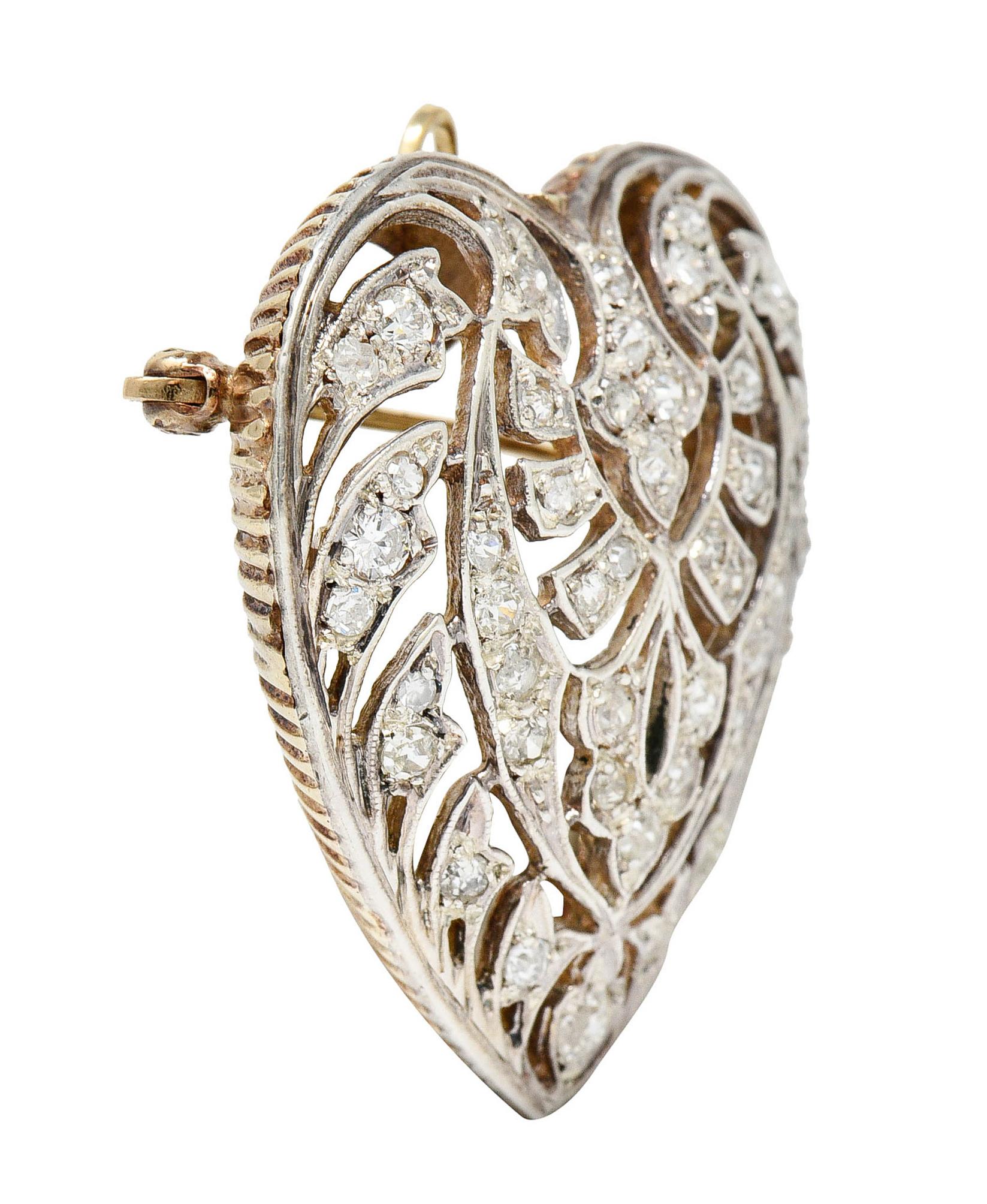 Old European Cut Edwardian Diamond Platinum-Topped 14 Karat Gold Heart Pendant Brooch