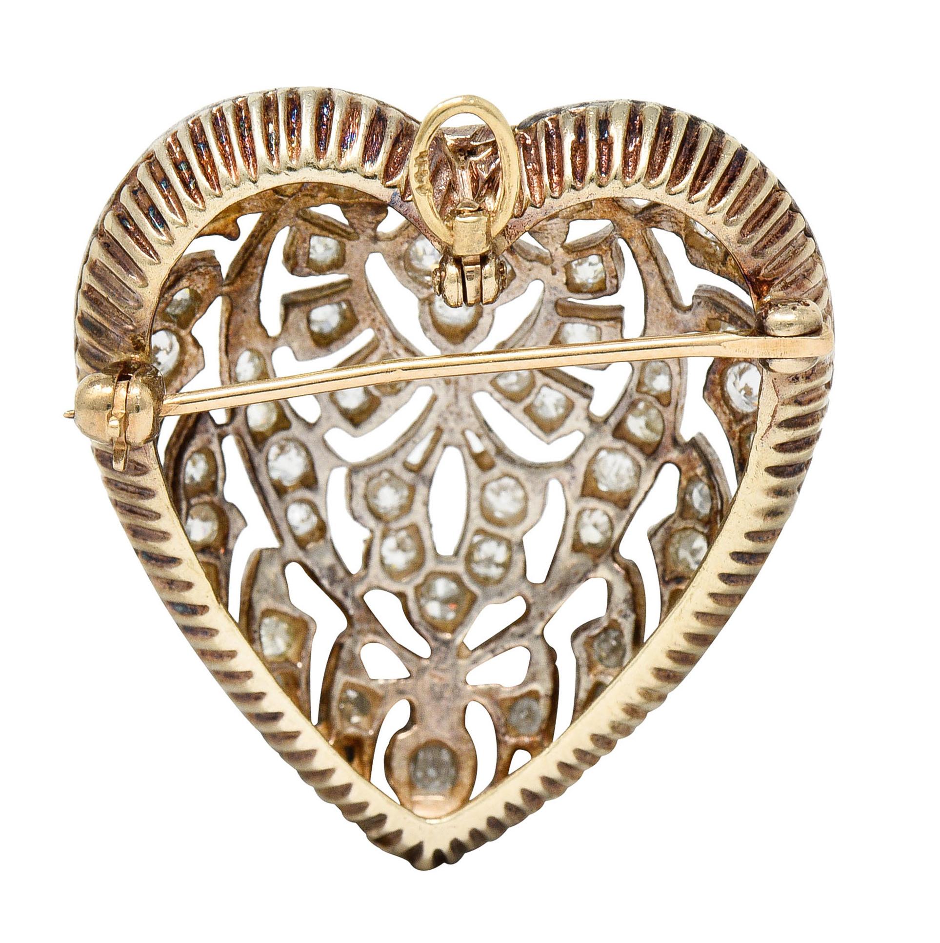 Edwardian Diamond Platinum-Topped 14 Karat Gold Heart Pendant Brooch In Excellent Condition In Philadelphia, PA