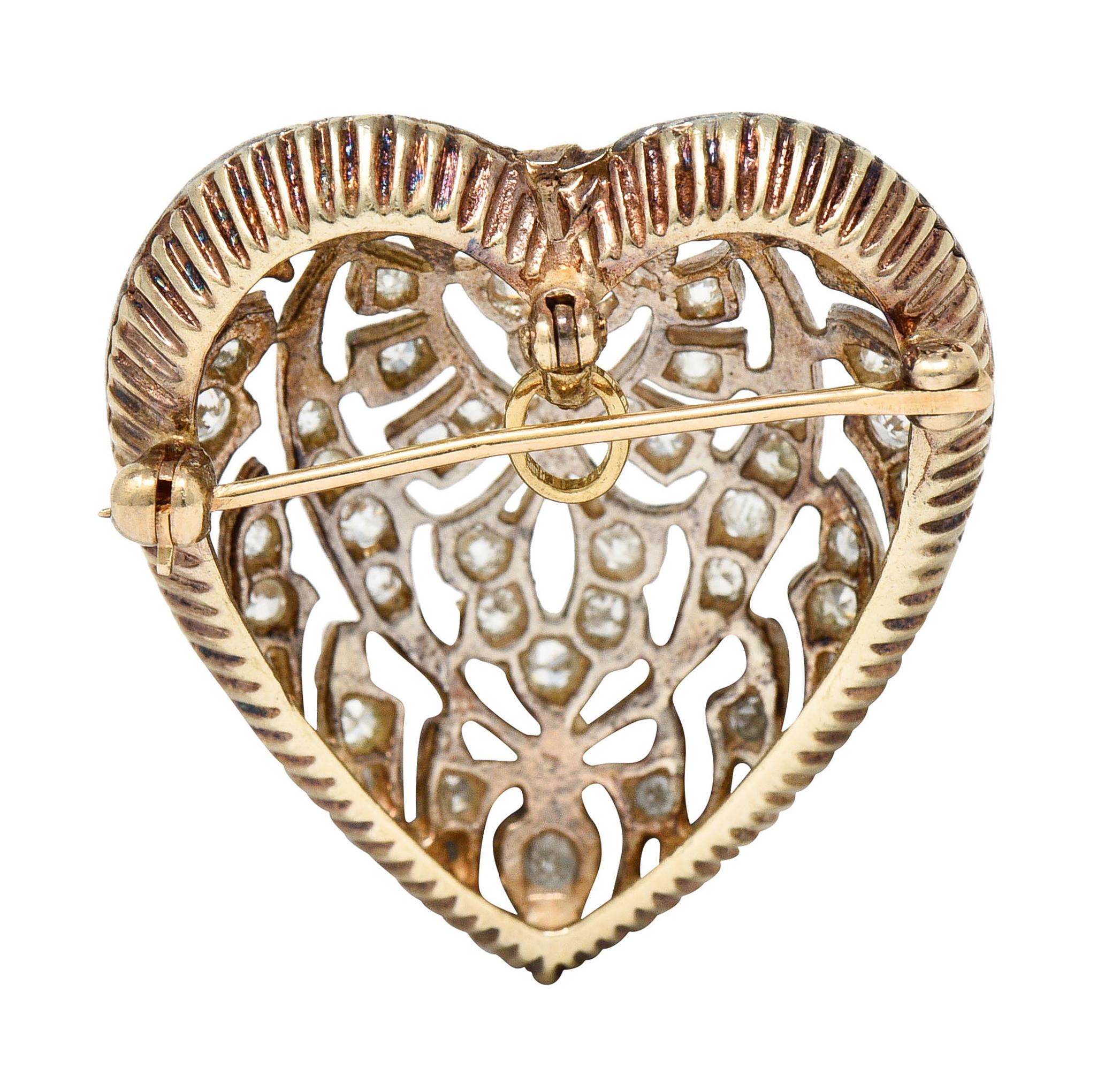 Women's or Men's Edwardian Diamond Platinum-Topped 14 Karat Gold Heart Pendant Brooch
