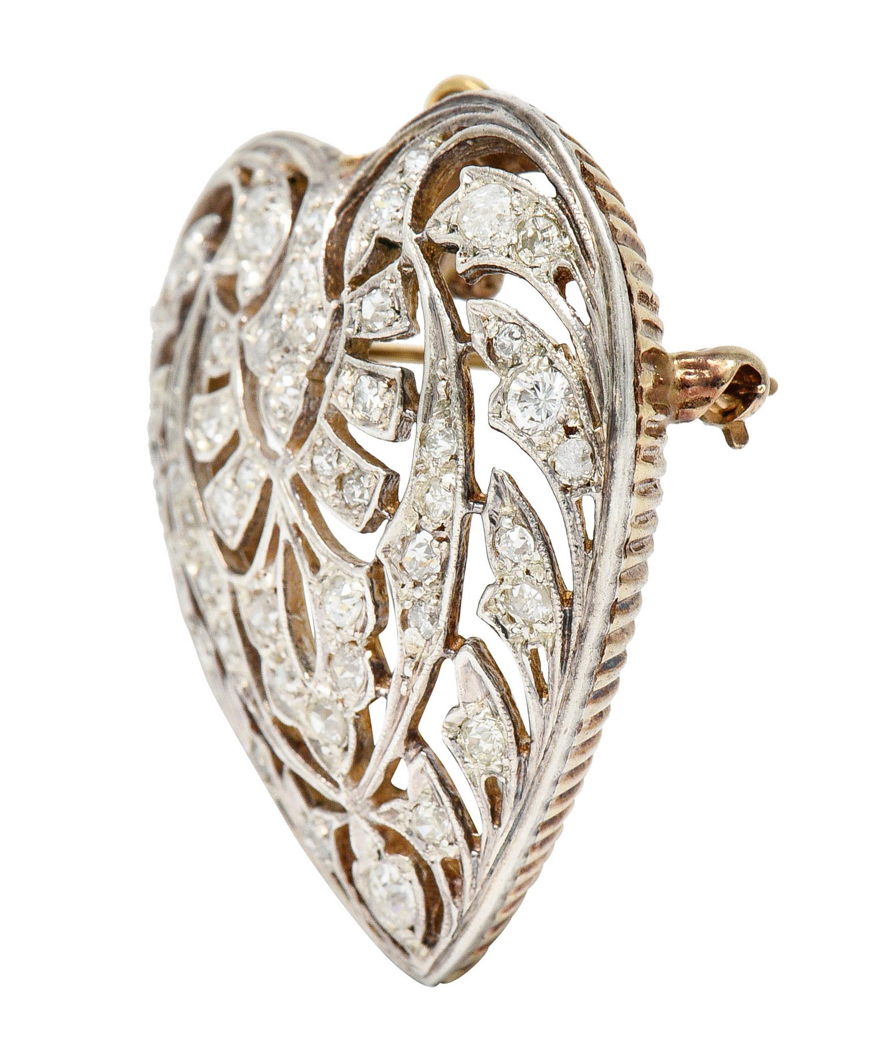 Edwardian Diamond Platinum-Topped 14 Karat Gold Heart Pendant Brooch 1