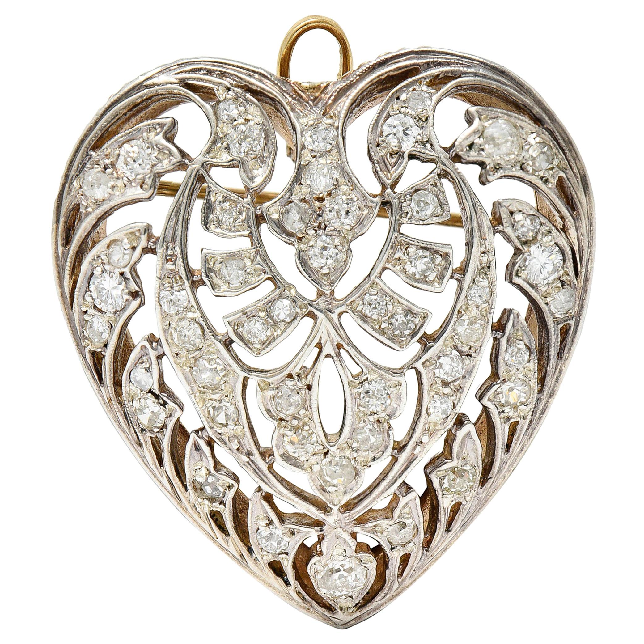 Edwardian Diamond Platinum-Topped 14 Karat Gold Heart Pendant Brooch