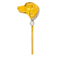 Antique Edwardian Diamond Platinum-Topped 14 Karat Gold Labrador Dog Stickpin