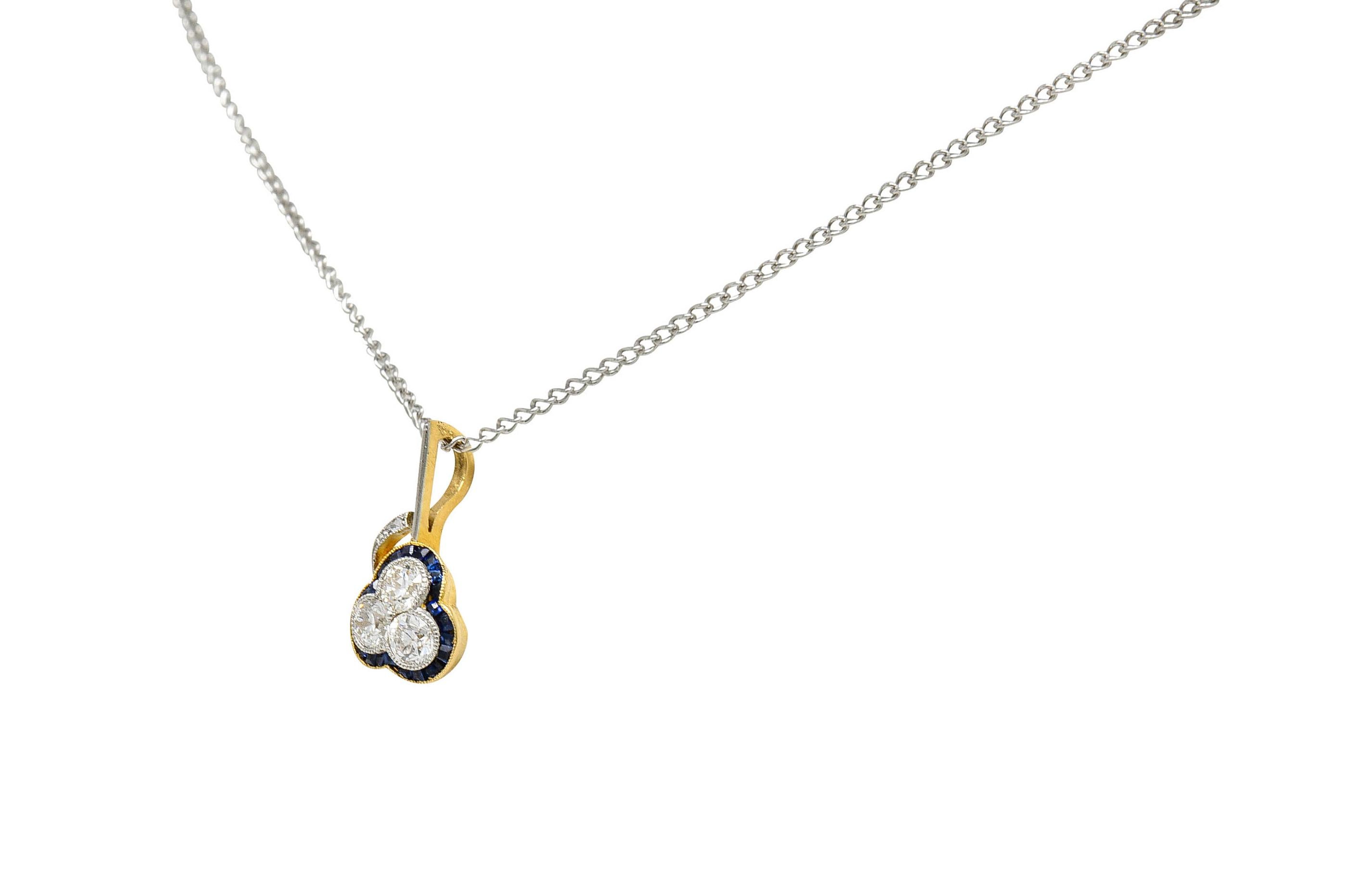 Women's or Men's Edwardian Diamond Platinum-Topped 18 Karat Gold Clover Pendant Necklace