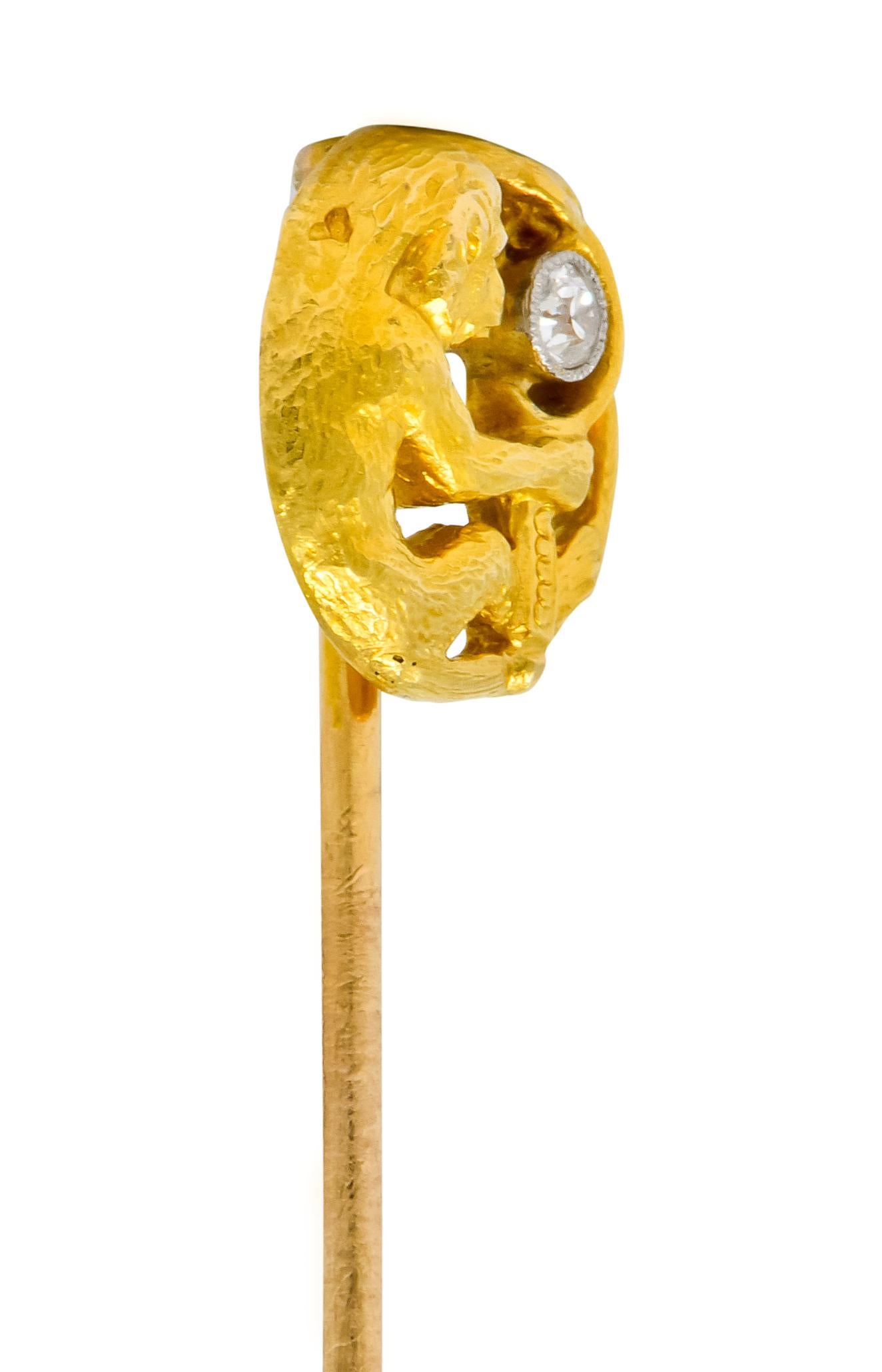 Women's or Men's Edwardian Diamond Platinum-Topped 18 Karat Gold Monkey Stickpin For Sale