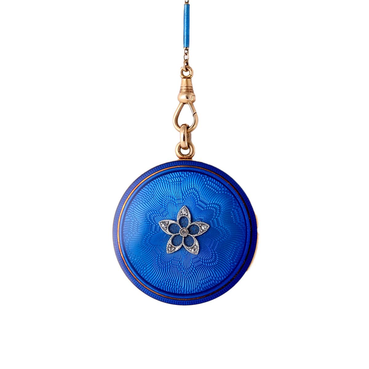 Women's or Men's Edwardian Diamond Royal Blue Guilloche Enamel 14k Gold Locket and Chain Necklace