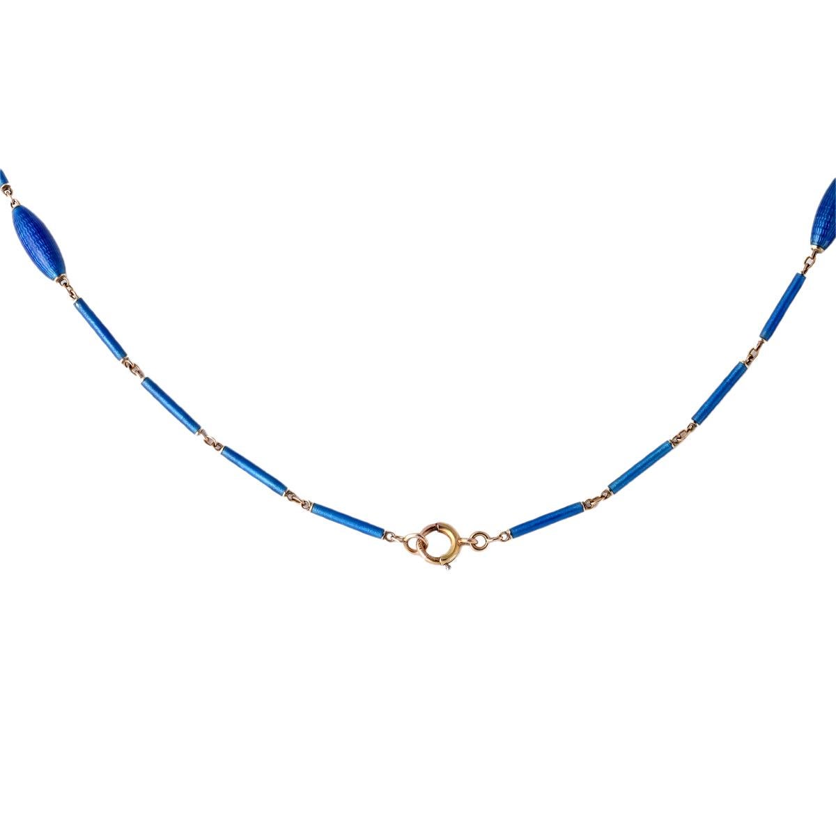 Edwardian Diamond Royal Blue Guilloche Enamel 14k Gold Locket and Chain Necklace 1