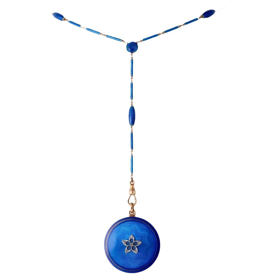 Edwardian Diamond Royal Blue Guilloche Enamel 14k Gold Locket and Chain Necklace